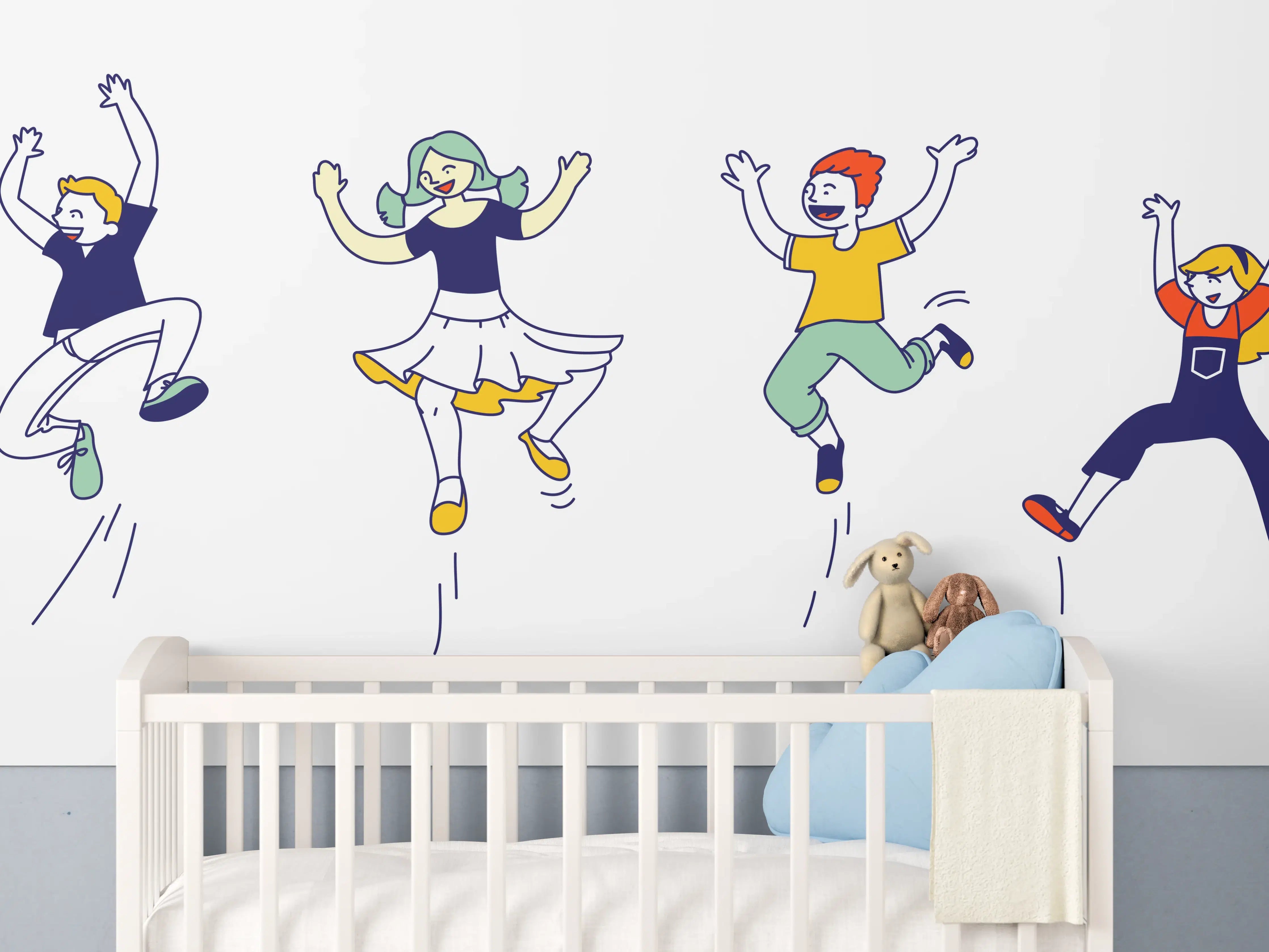 Babyzimmer Wandgestaltung - Fröhliche tanzende Figuren in bunten Farben