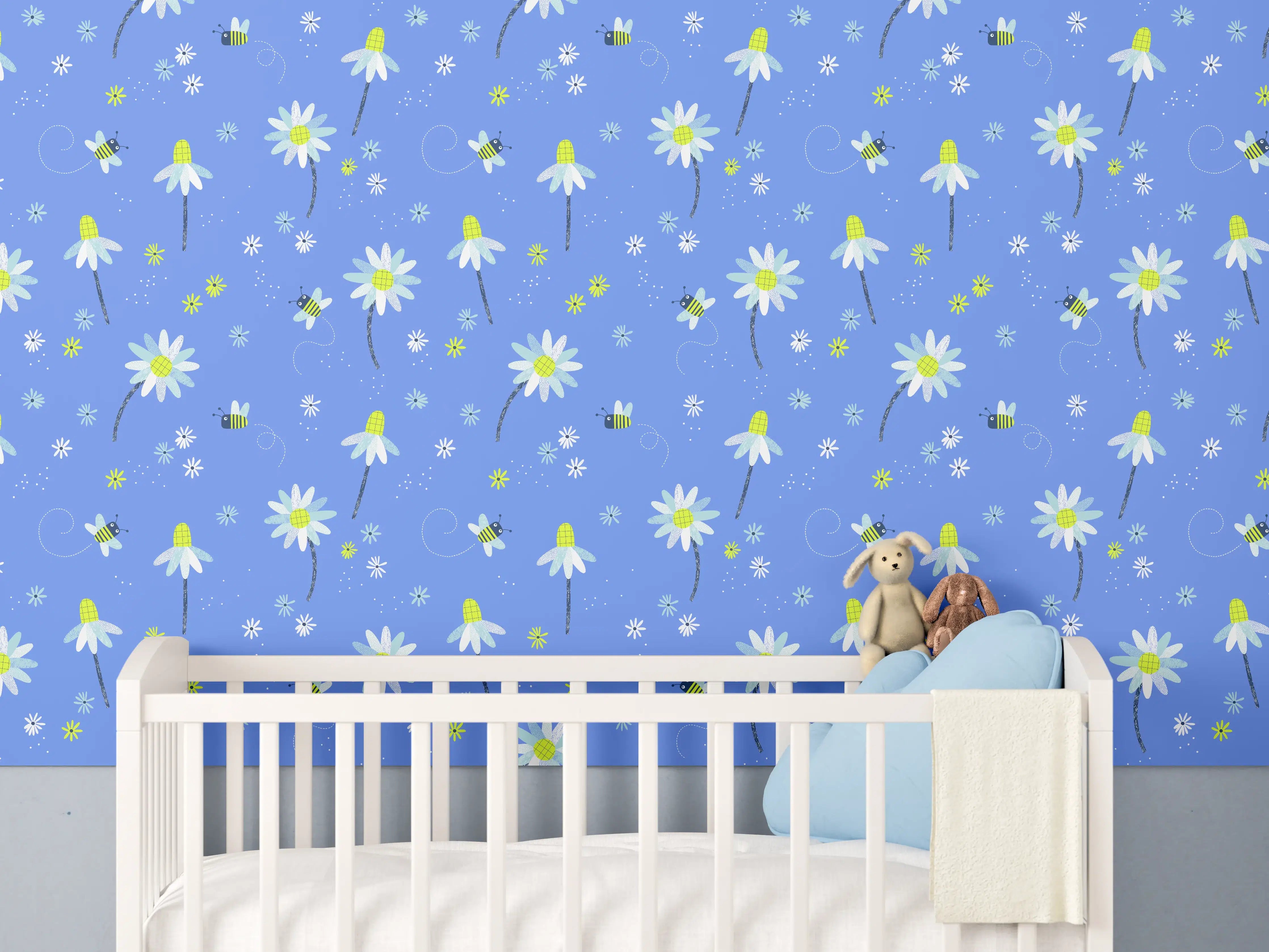 Babyzimmer Wandgestaltung - Fröhliches Gänseblümchen-Muster auf Blau