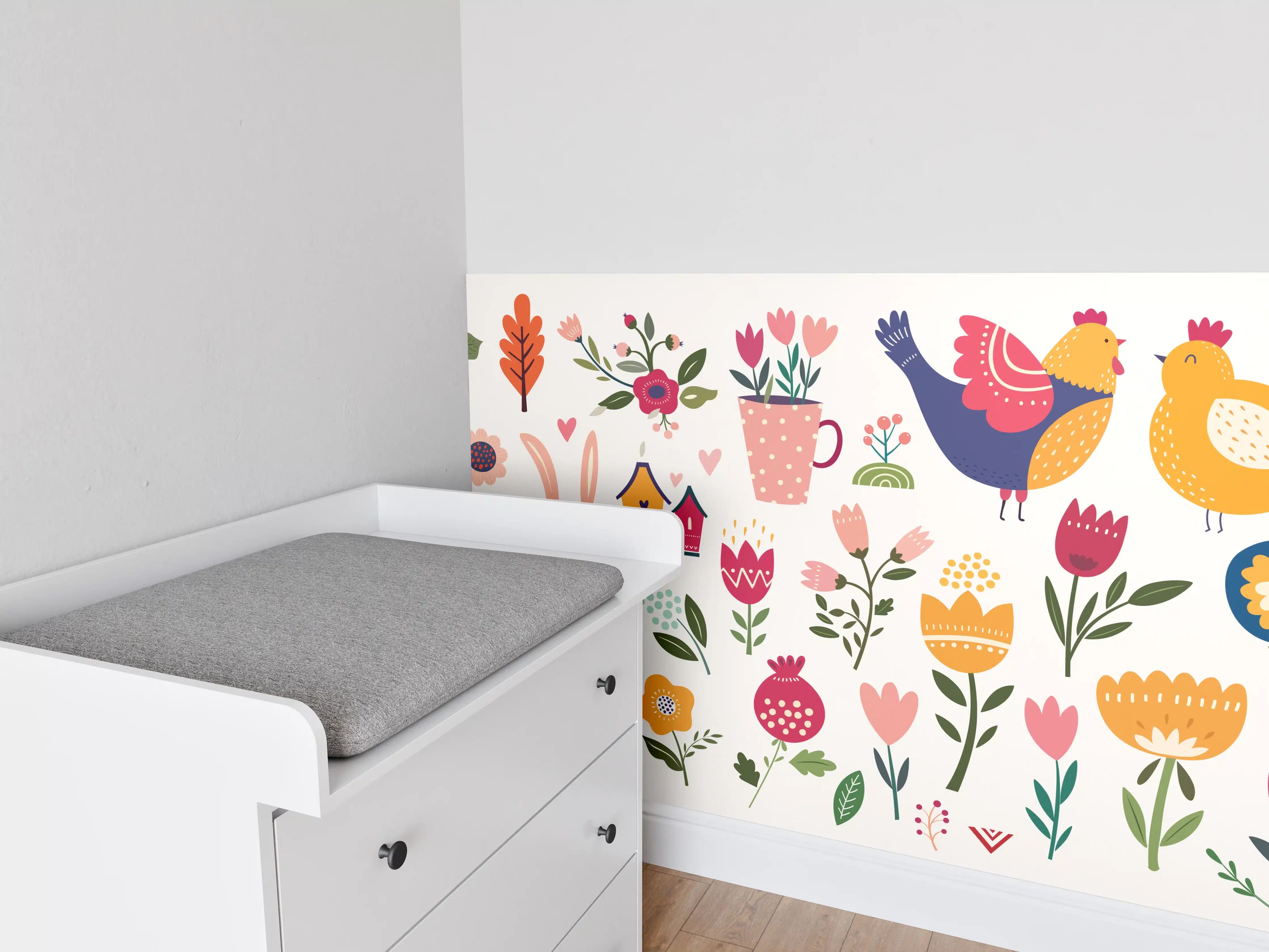 Babyzimmer Wandgestaltung - Frühlingsfarben: Blumen und Tiere in Grau und Weiß