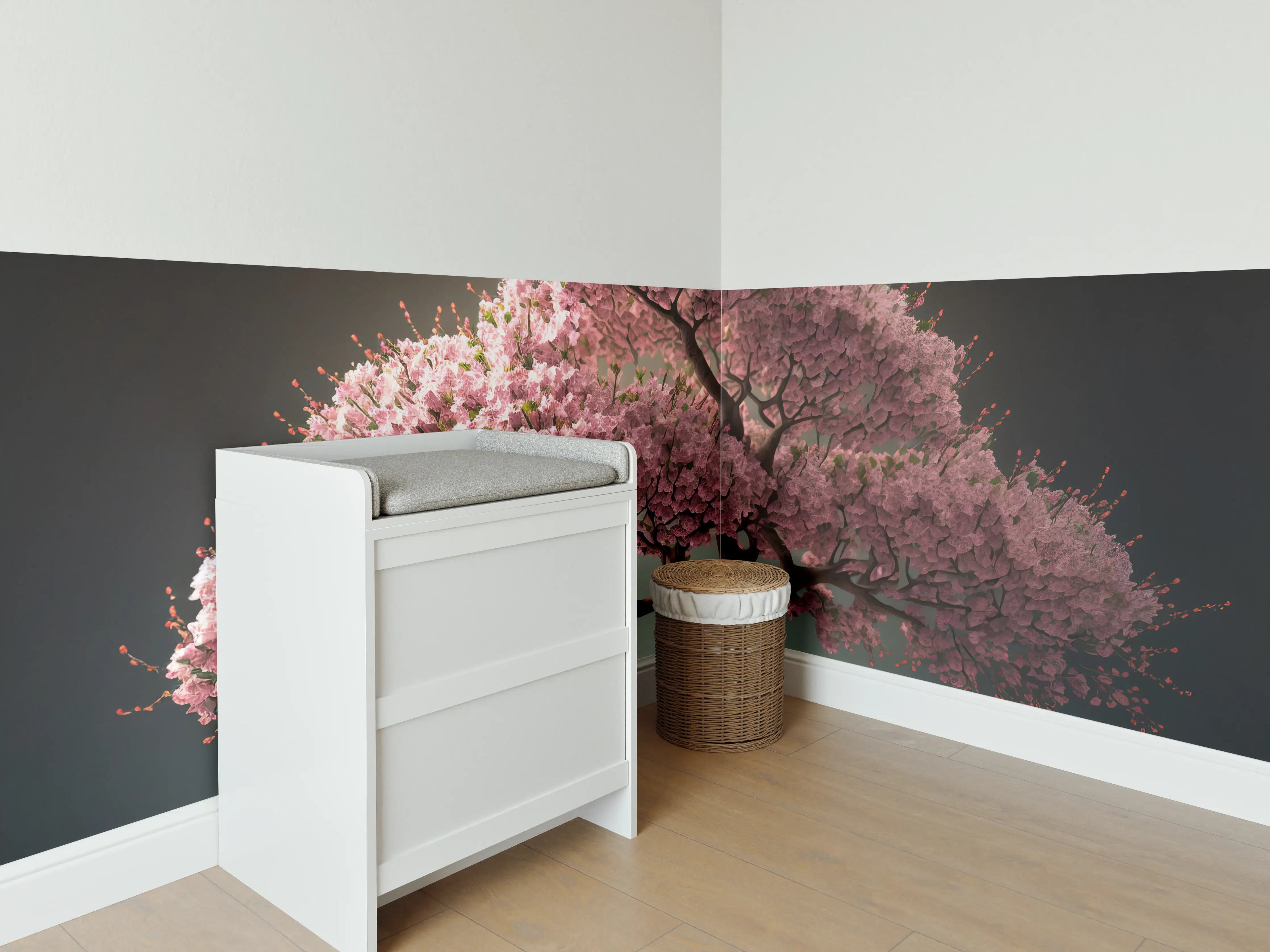Babyzimmer Wandgestaltung - Frühlingszeit Kirschblüte Sakura Baum - KI generiert