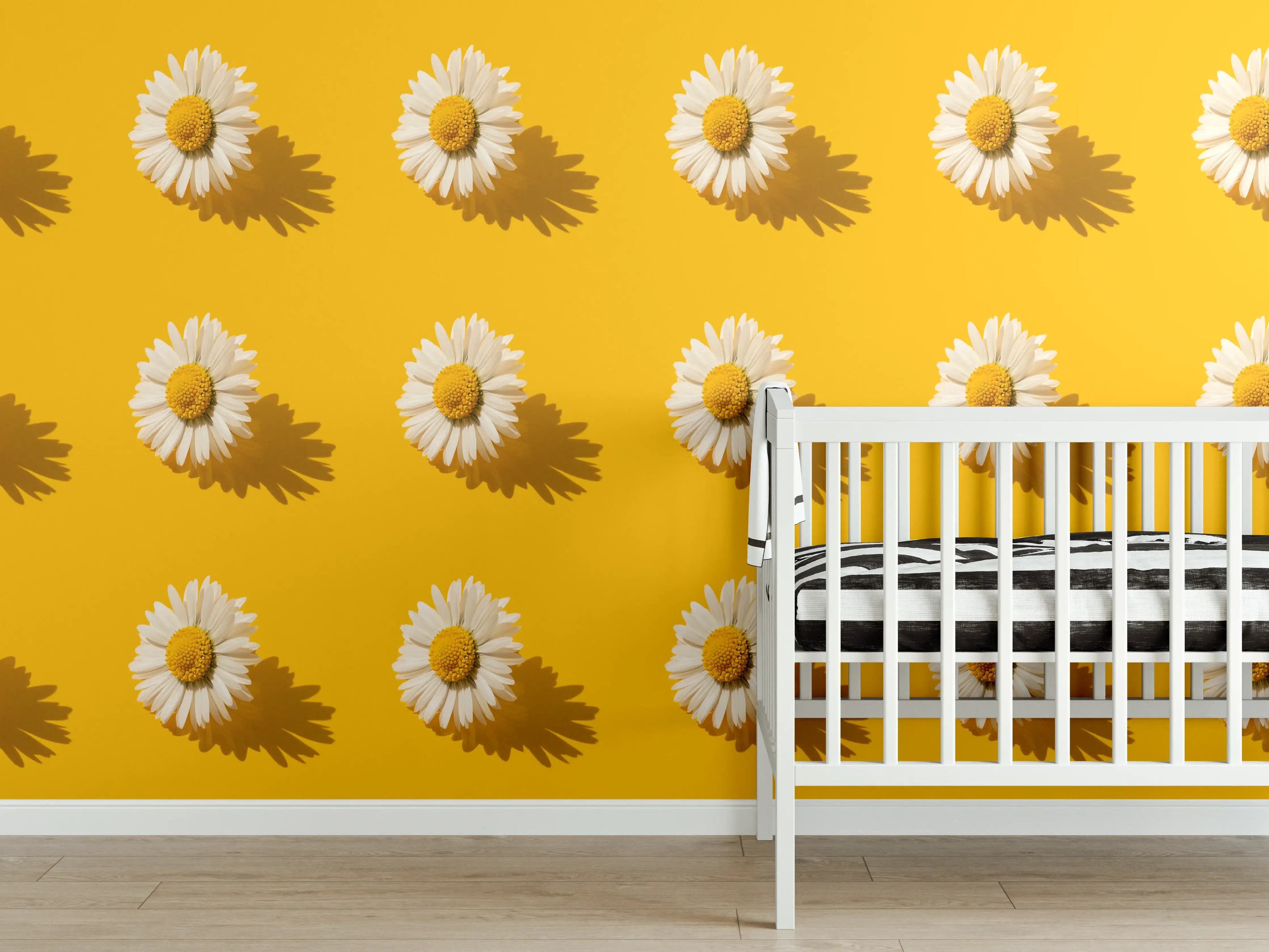 Babyzimmer Wandgestaltung - Gänseblümchen Muster auf gelbem Hintergrund