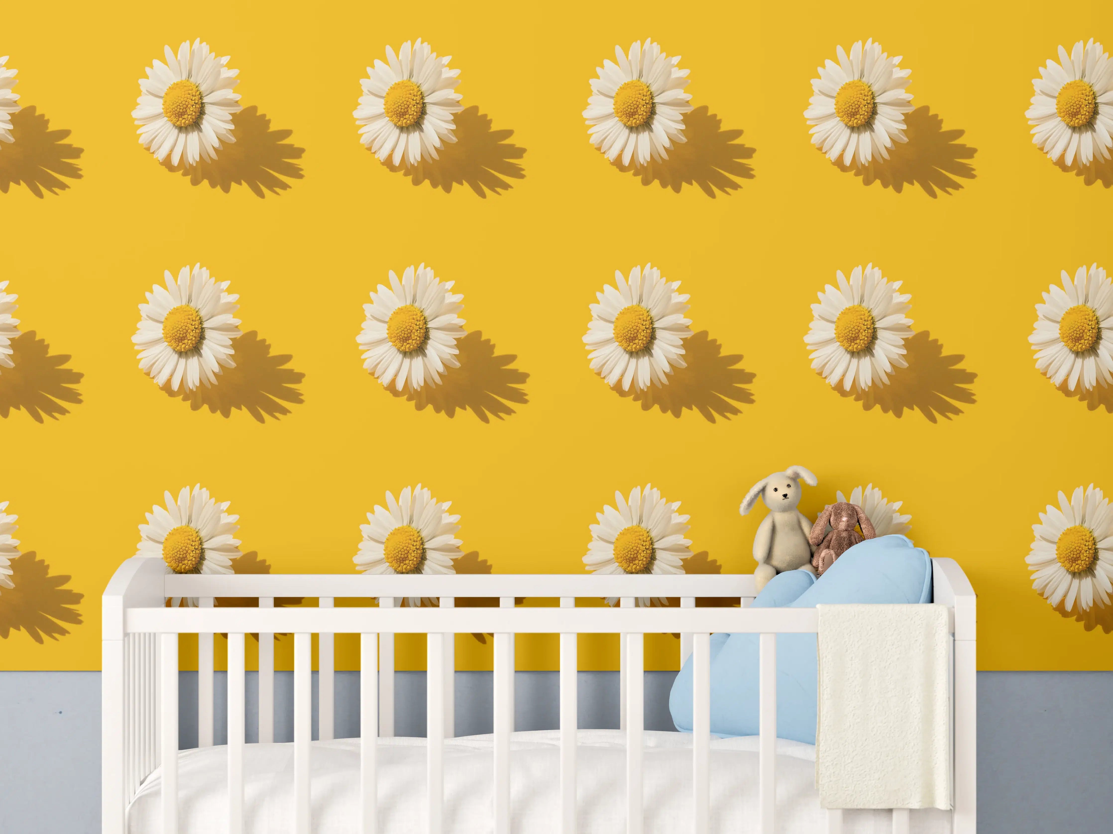 Babyzimmer Wandgestaltung - Gänseblümchen Muster auf gelbem Hintergrund