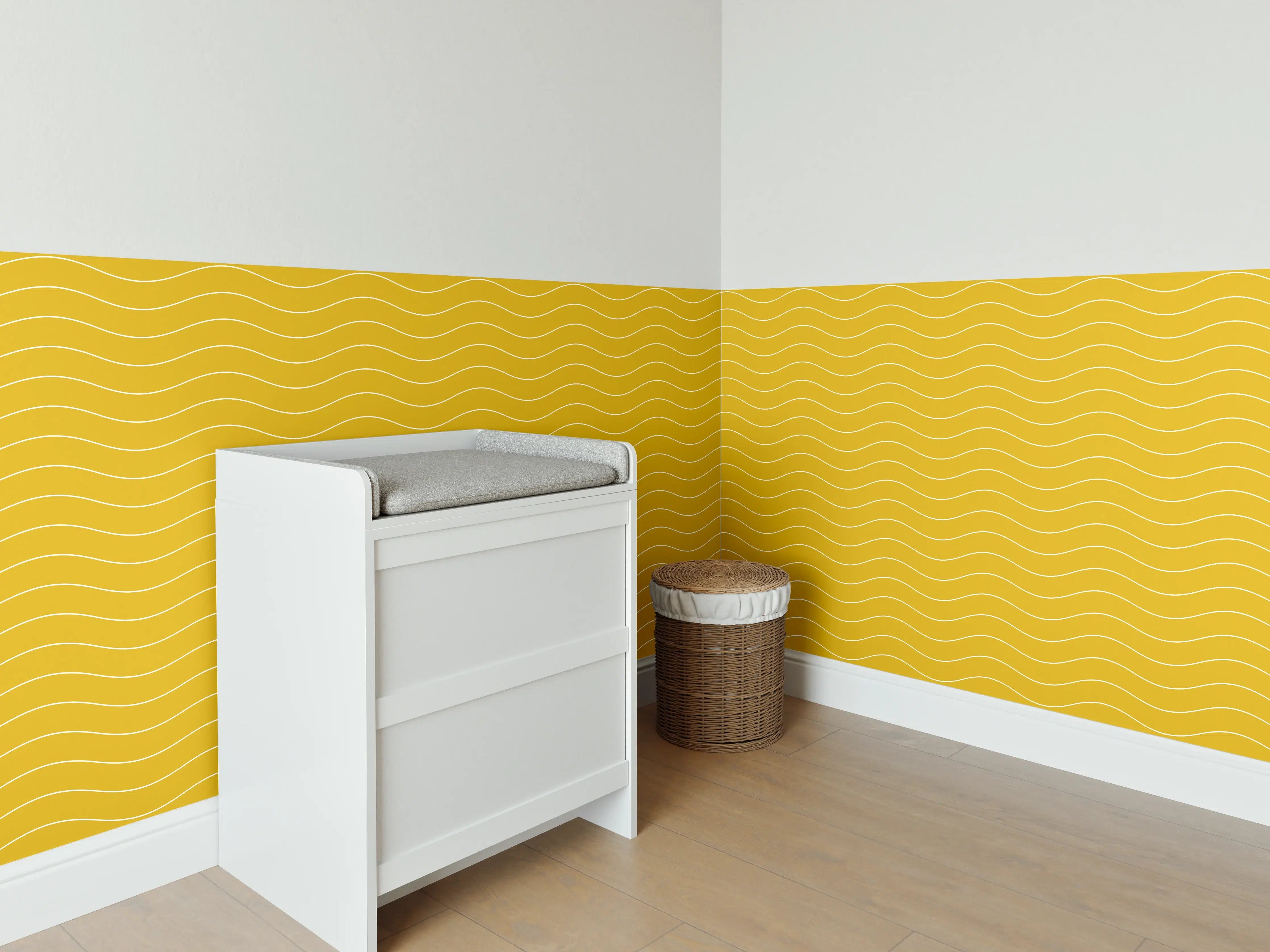 Babyzimmer Wandgestaltung - Gelbe Wellenmuster mit zartem Grauschleier