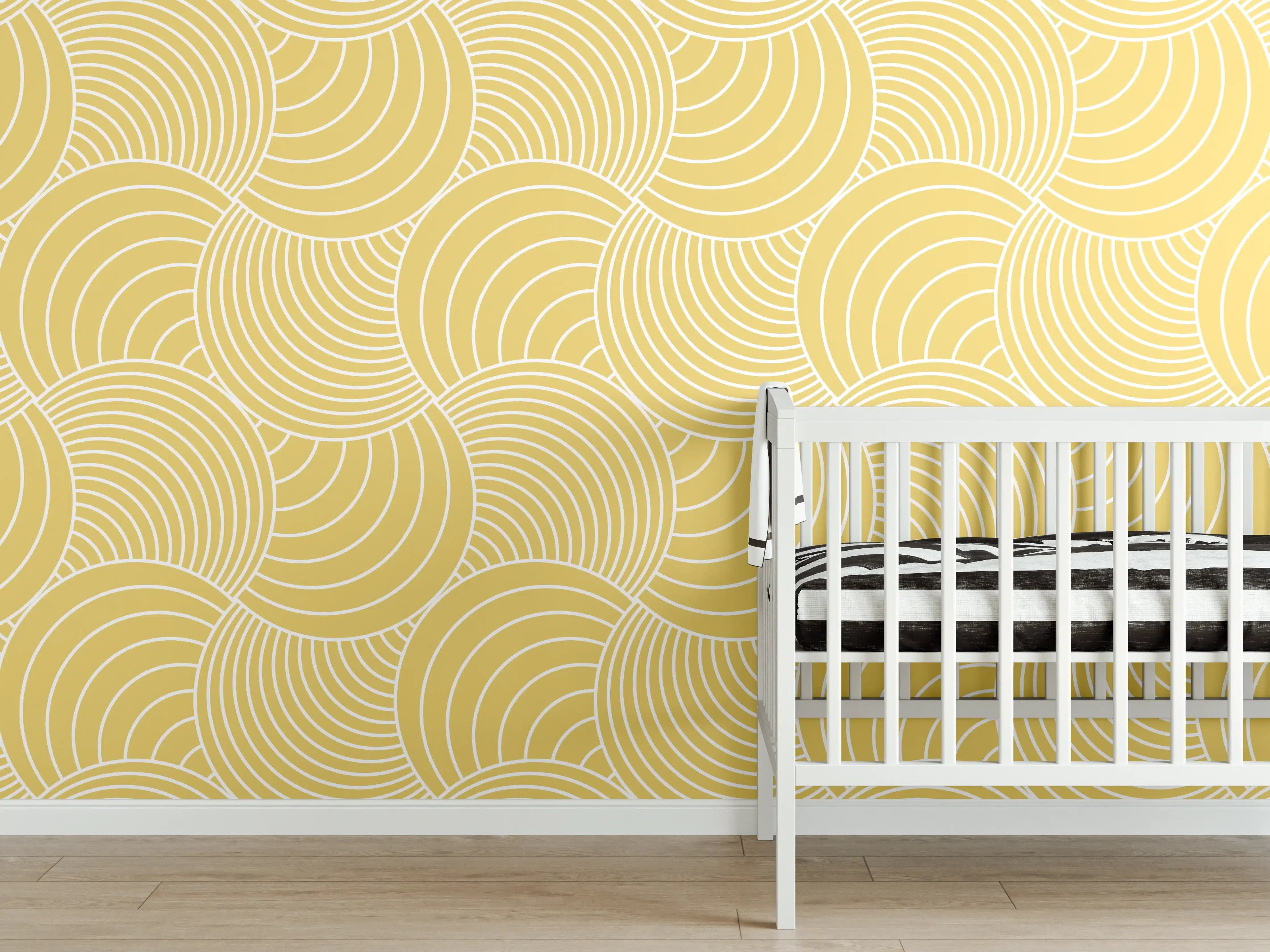 Babyzimmer Wandgestaltung - Gelbes Wellenmuster mit Goldakzenten