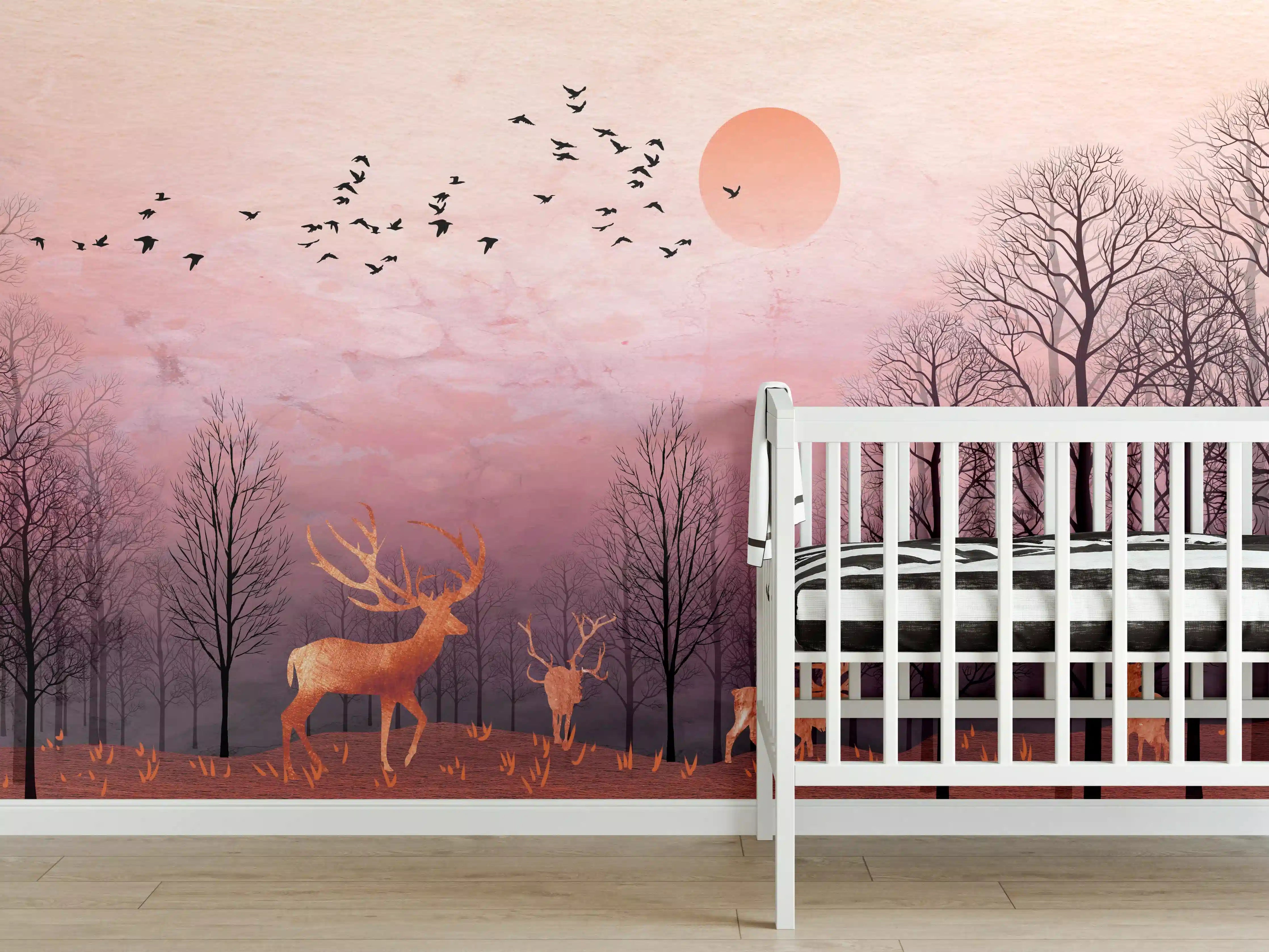 Babyzimmer Wandgestaltung - Gemalte Landschaft mit Wildtieren