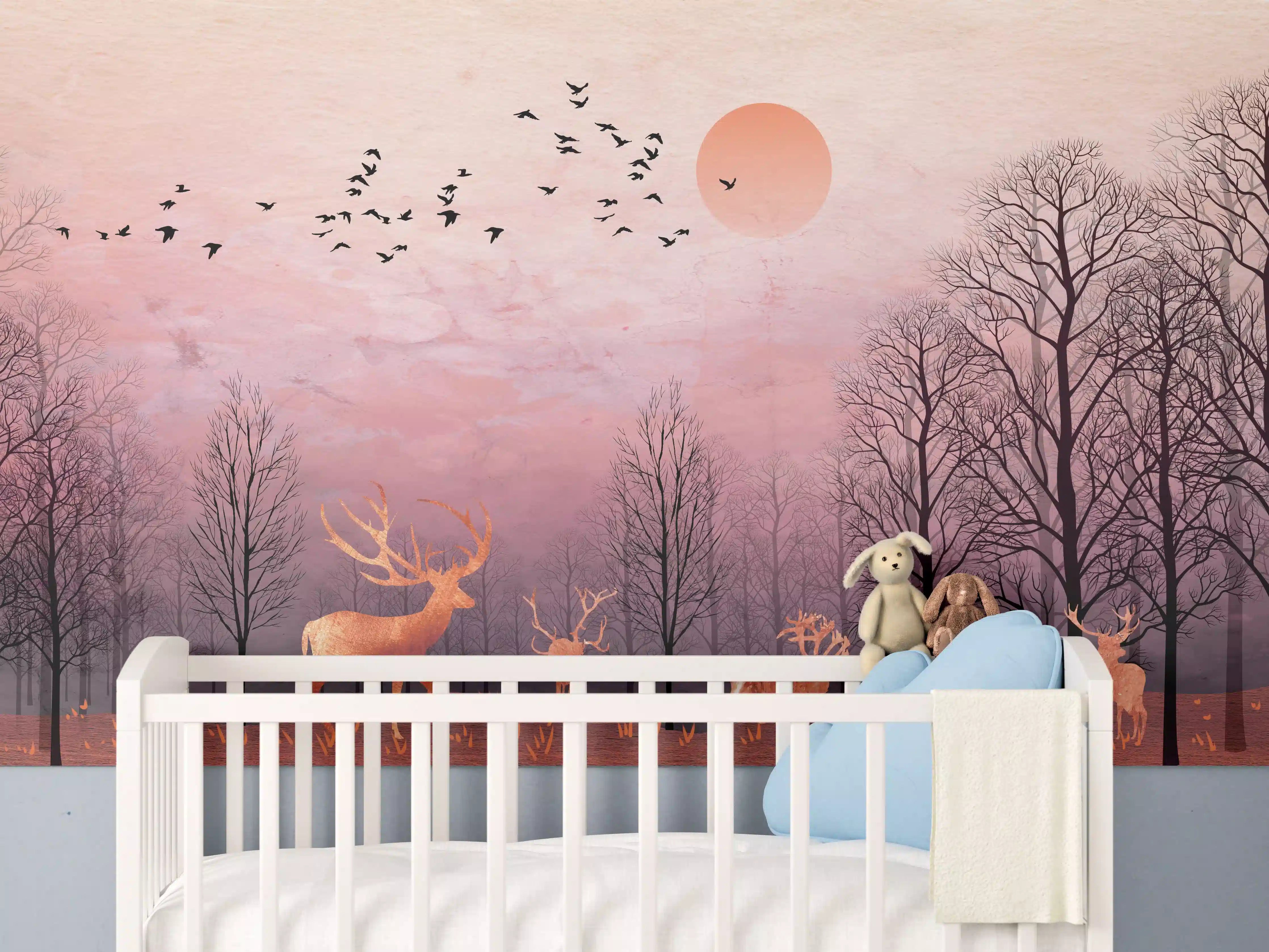 Babyzimmer Wandgestaltung - Gemalte Landschaft mit Wildtieren