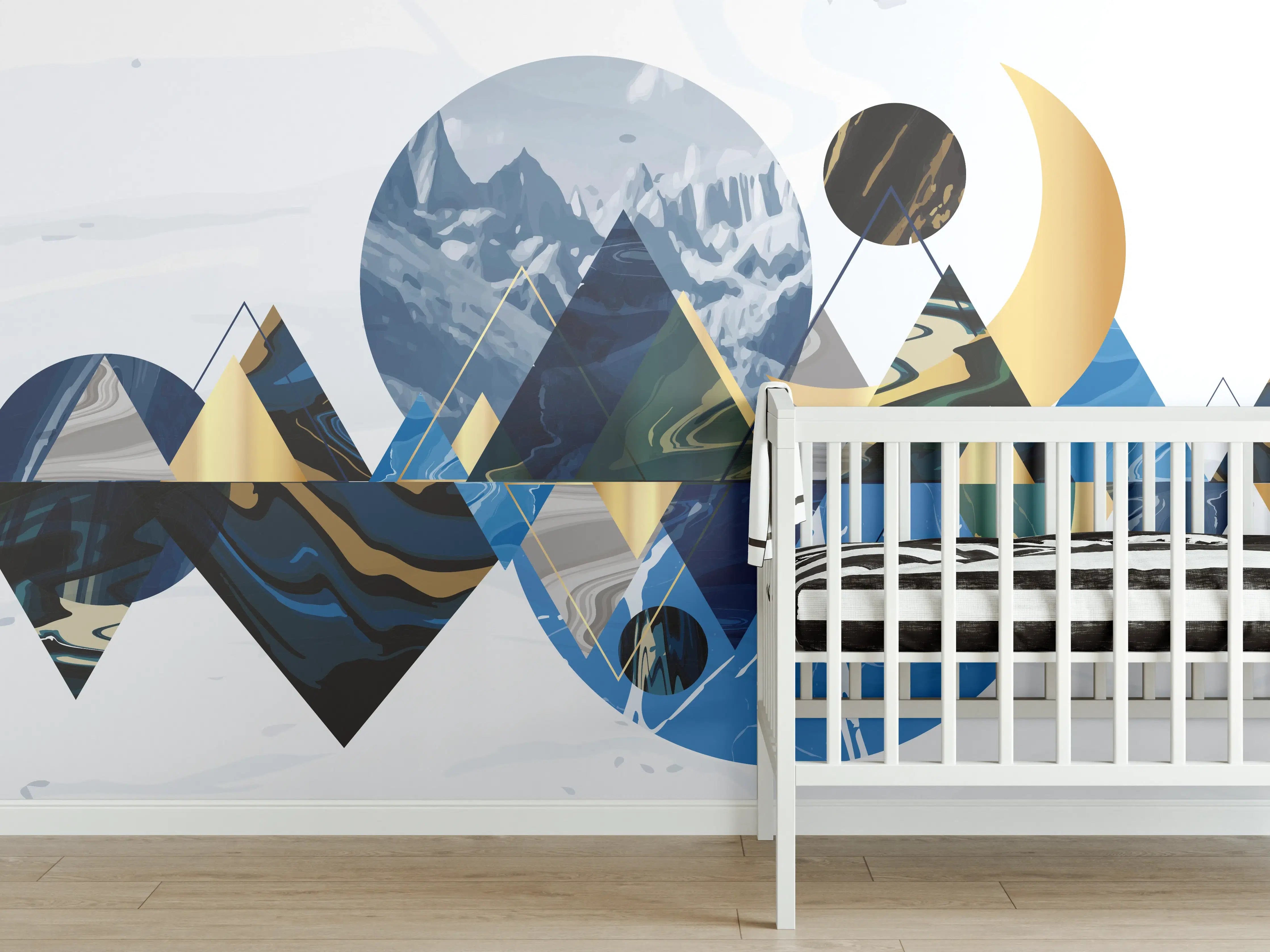 Babyzimmer Wandgestaltung - Geometrische Berglandschaft in Blau
