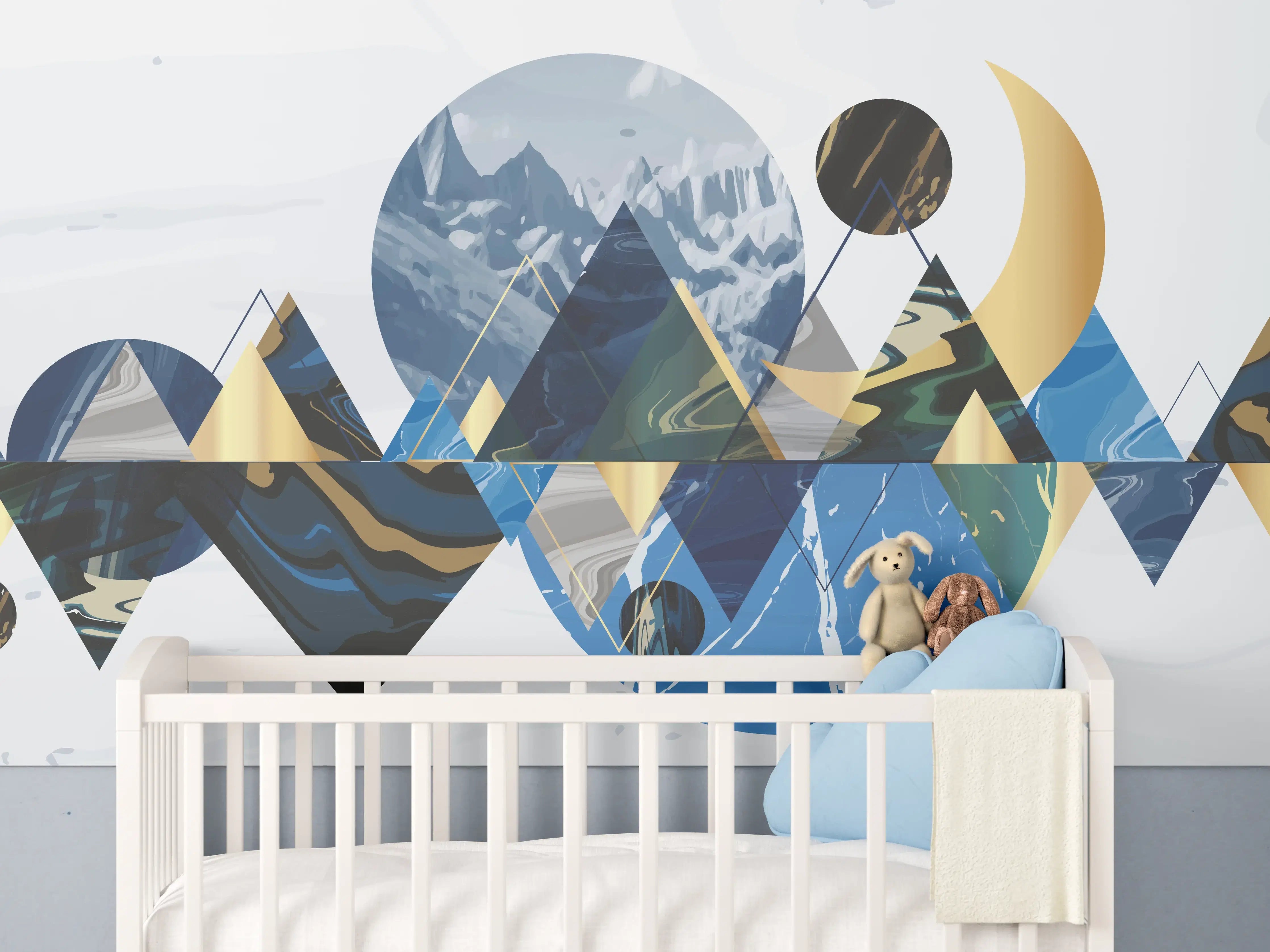 Babyzimmer Wandgestaltung - Geometrische Berglandschaft in Blau