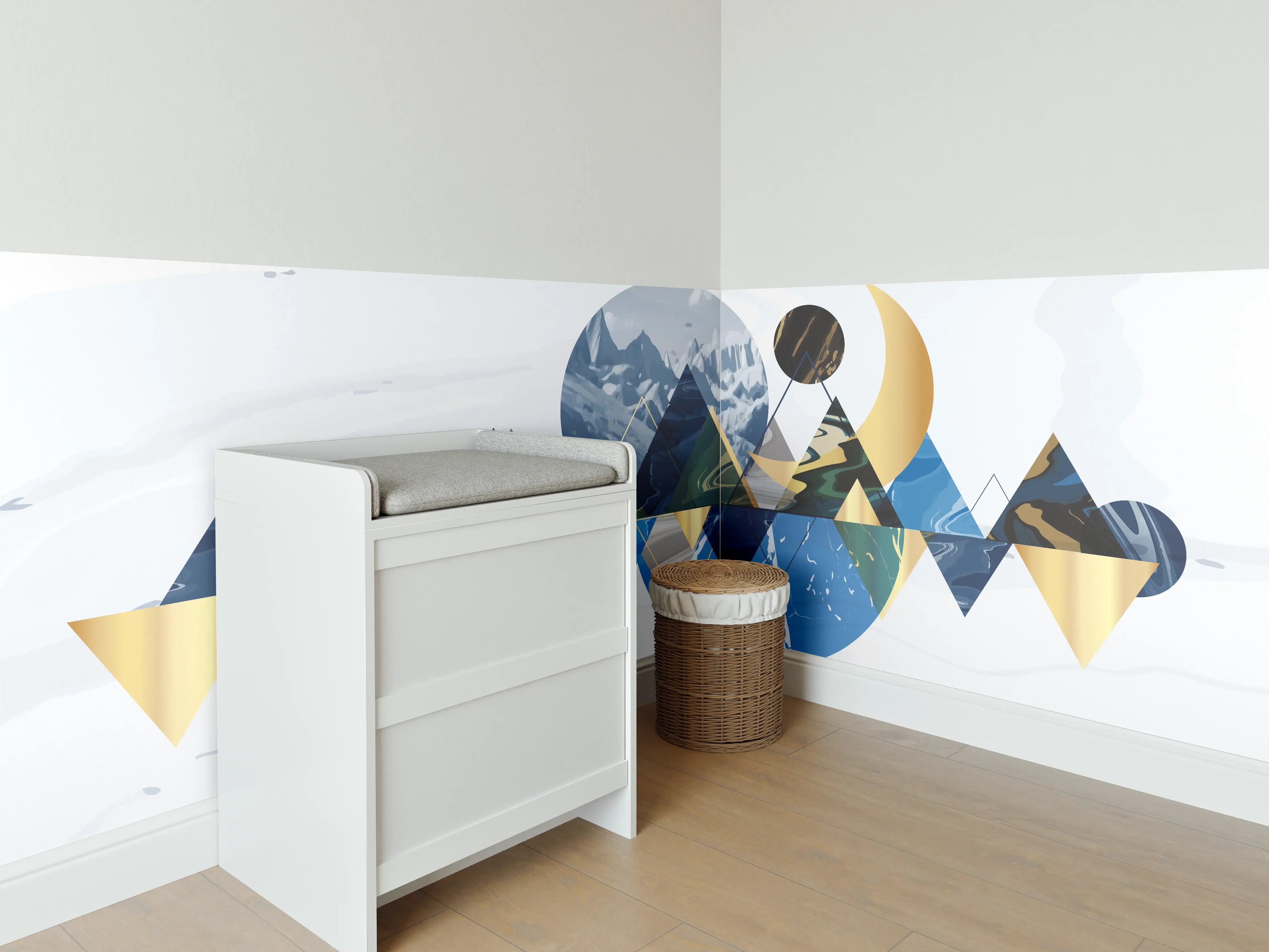 Babyzimmer Wandgestaltung - Geometrische Berglandschaft in Blau