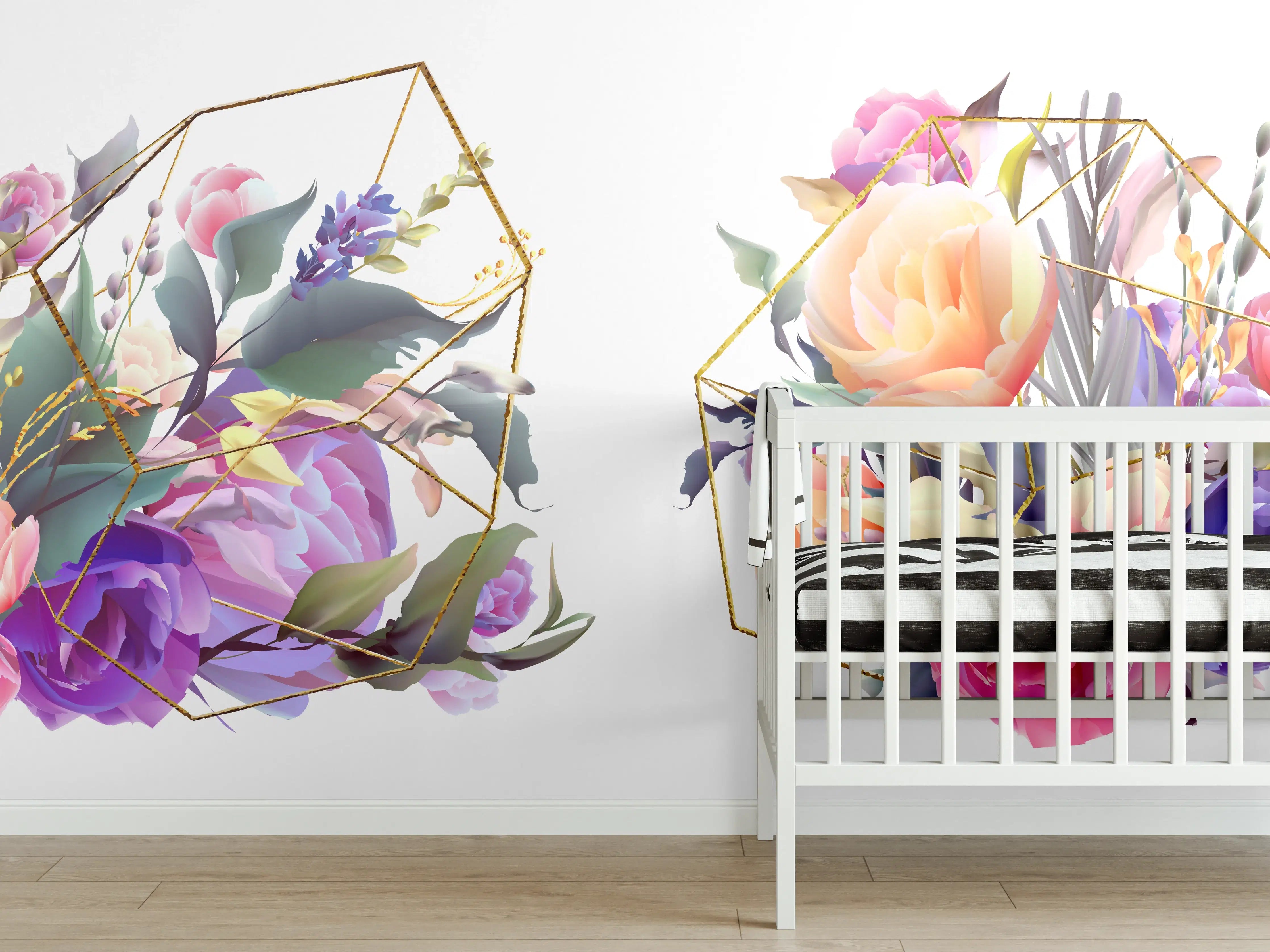 Babyzimmer Wandgestaltung - Geometrische Blumen Goldglanz