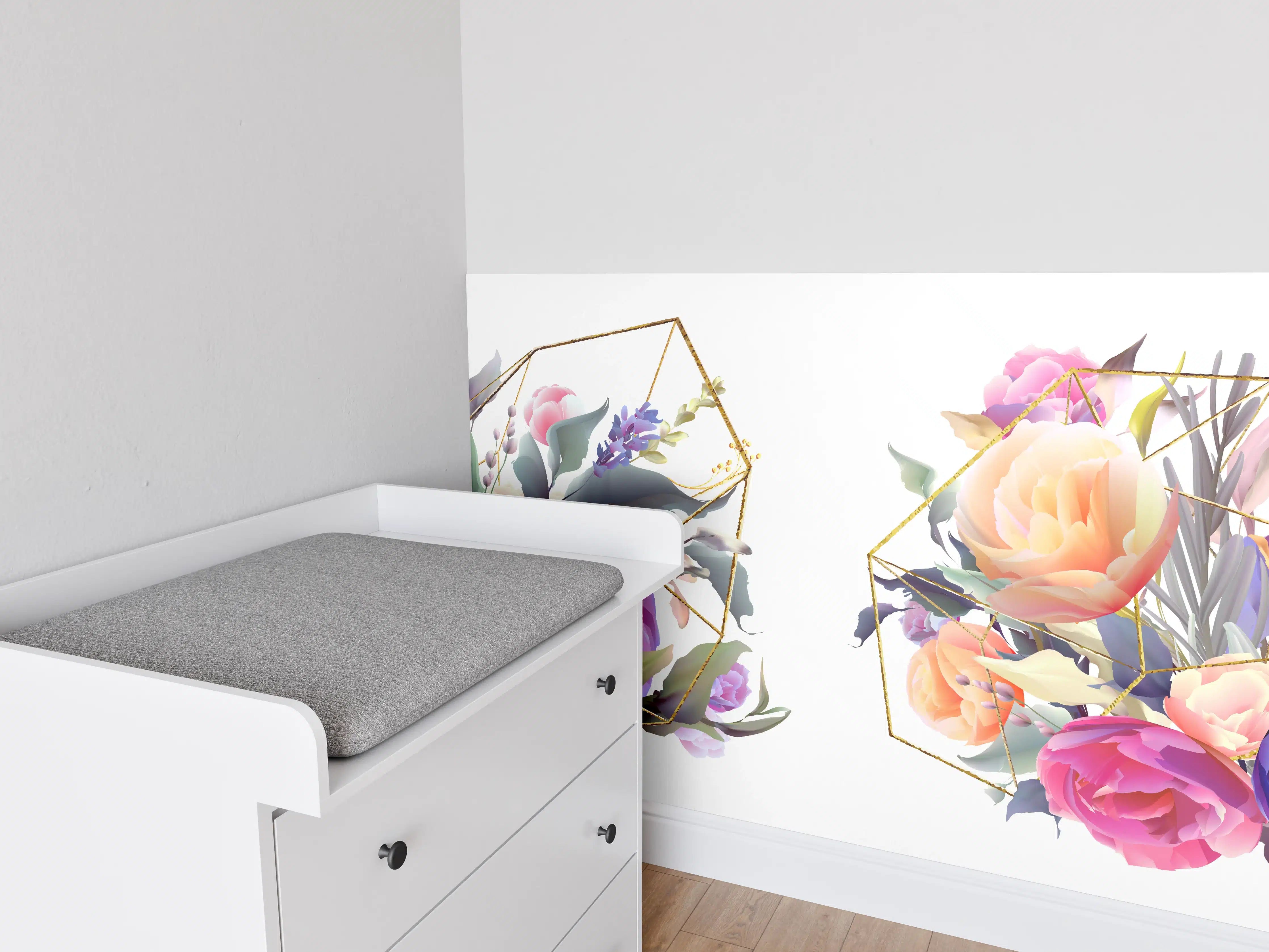 Babyzimmer Wandgestaltung - Geometrische Blumen Goldglanz