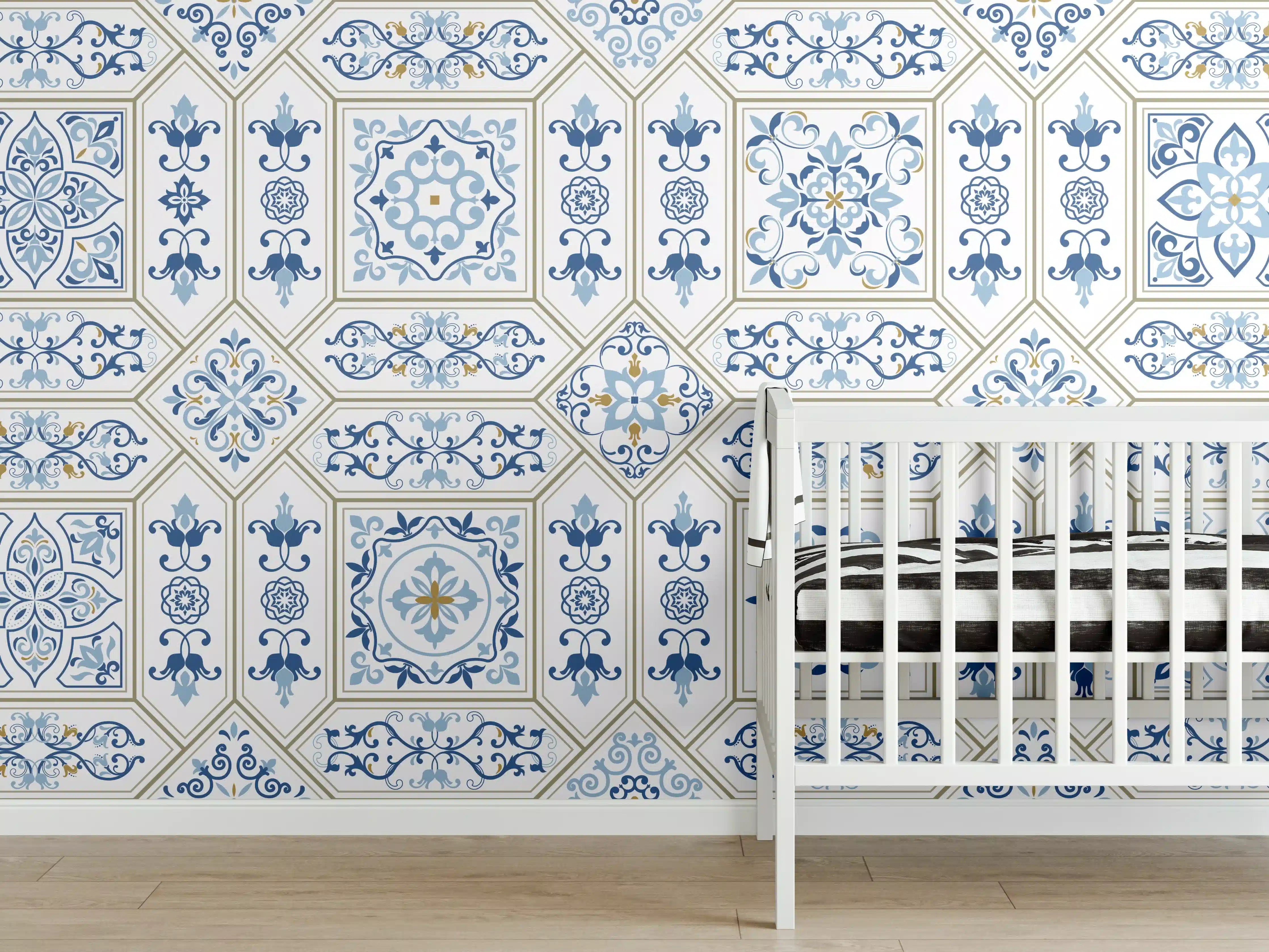 Babyzimmer Wandgestaltung - Geometrisches Blau-Weiß-Muster
