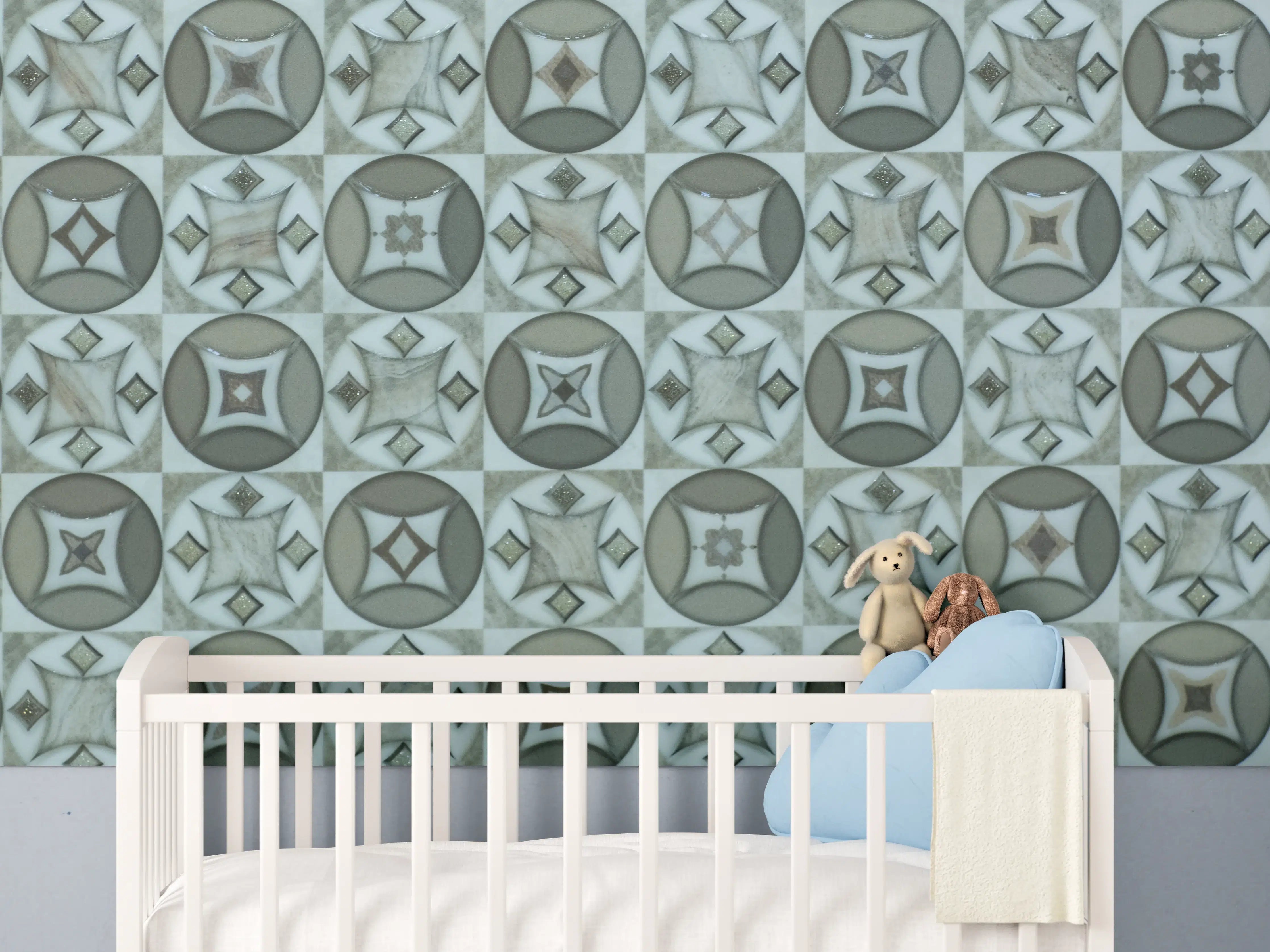 Babyzimmer Wandgestaltung - Geometrisches Fliesenmuster in Blau und Grau