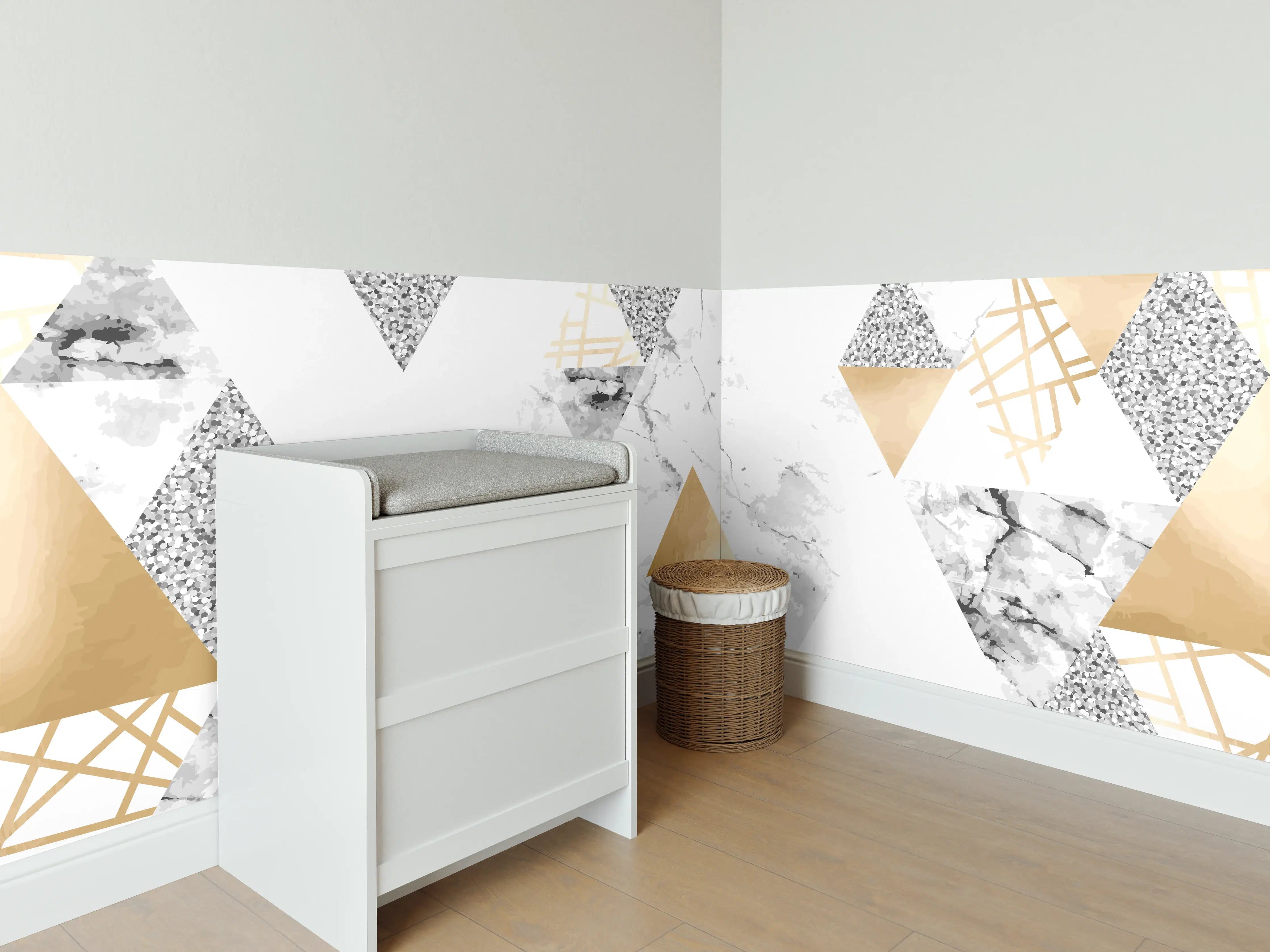 Babyzimmer Wandgestaltung - Geometrisches Muster Gold Weiß Grau