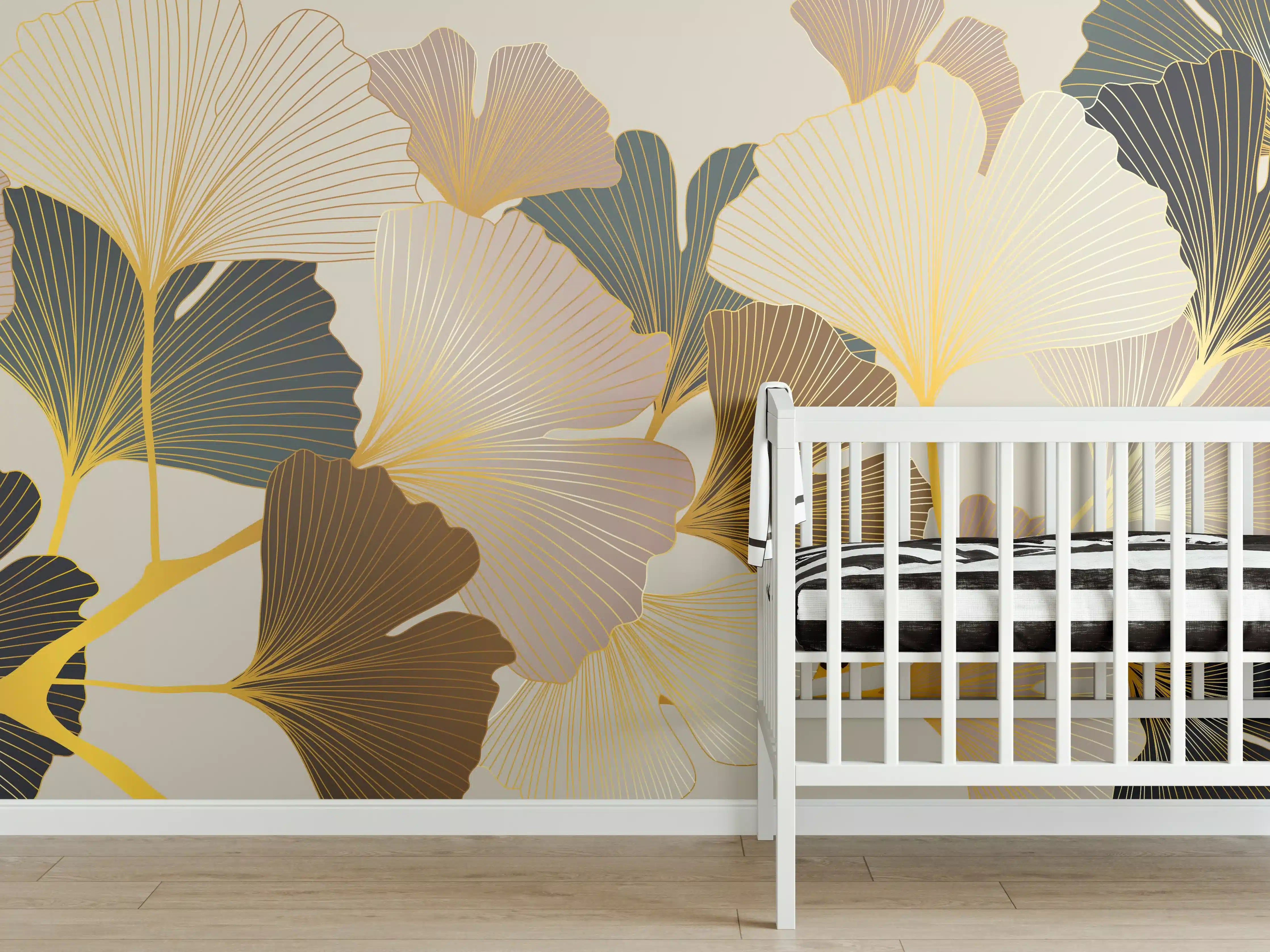 Babyzimmer Wandgestaltung - Ginkgo Blätter Design Beige