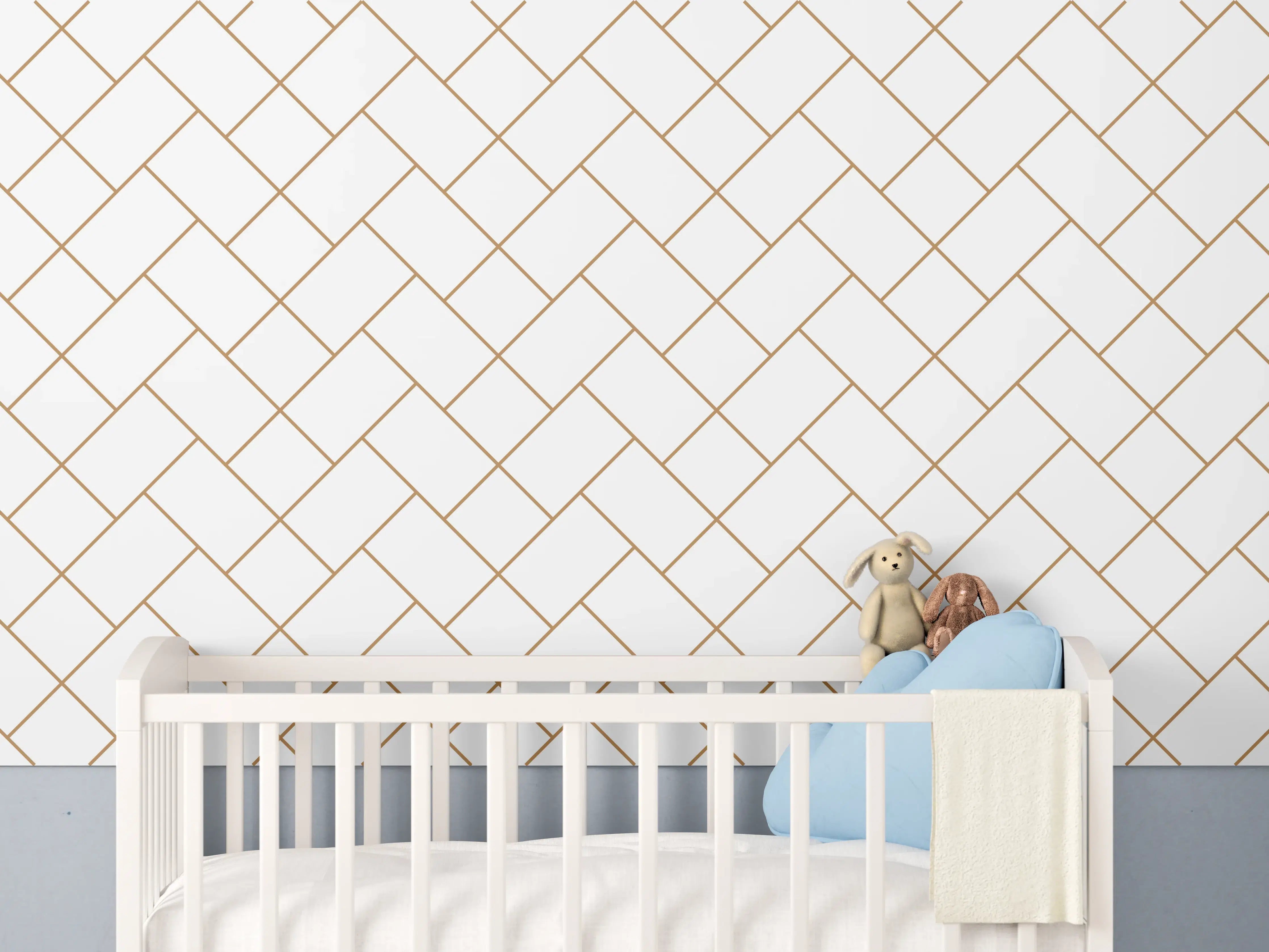 Babyzimmer Wandgestaltung - Gittermuster in Gold auf Weiß