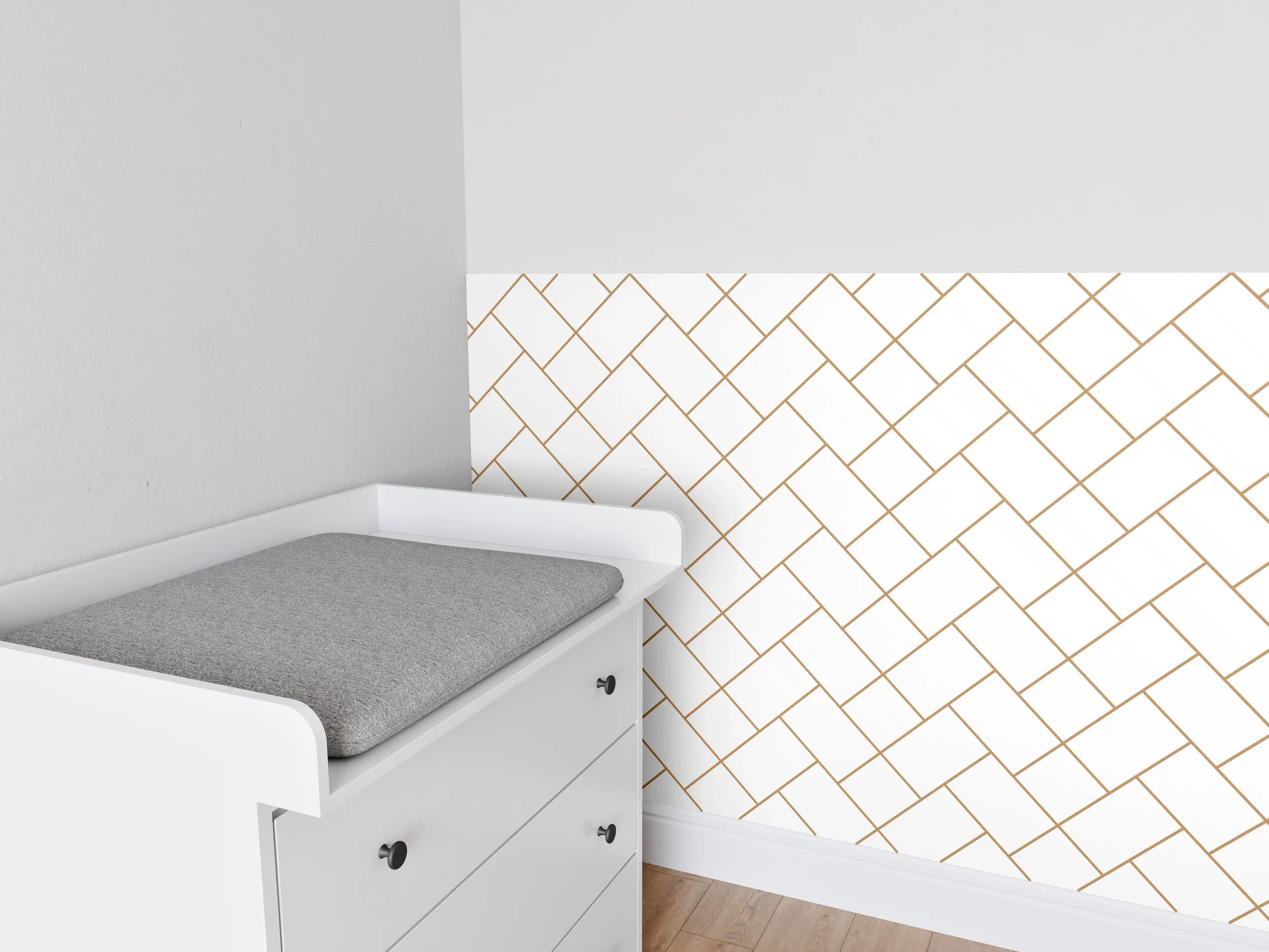 Babyzimmer Wandgestaltung - Gittermuster in Gold auf Weiß