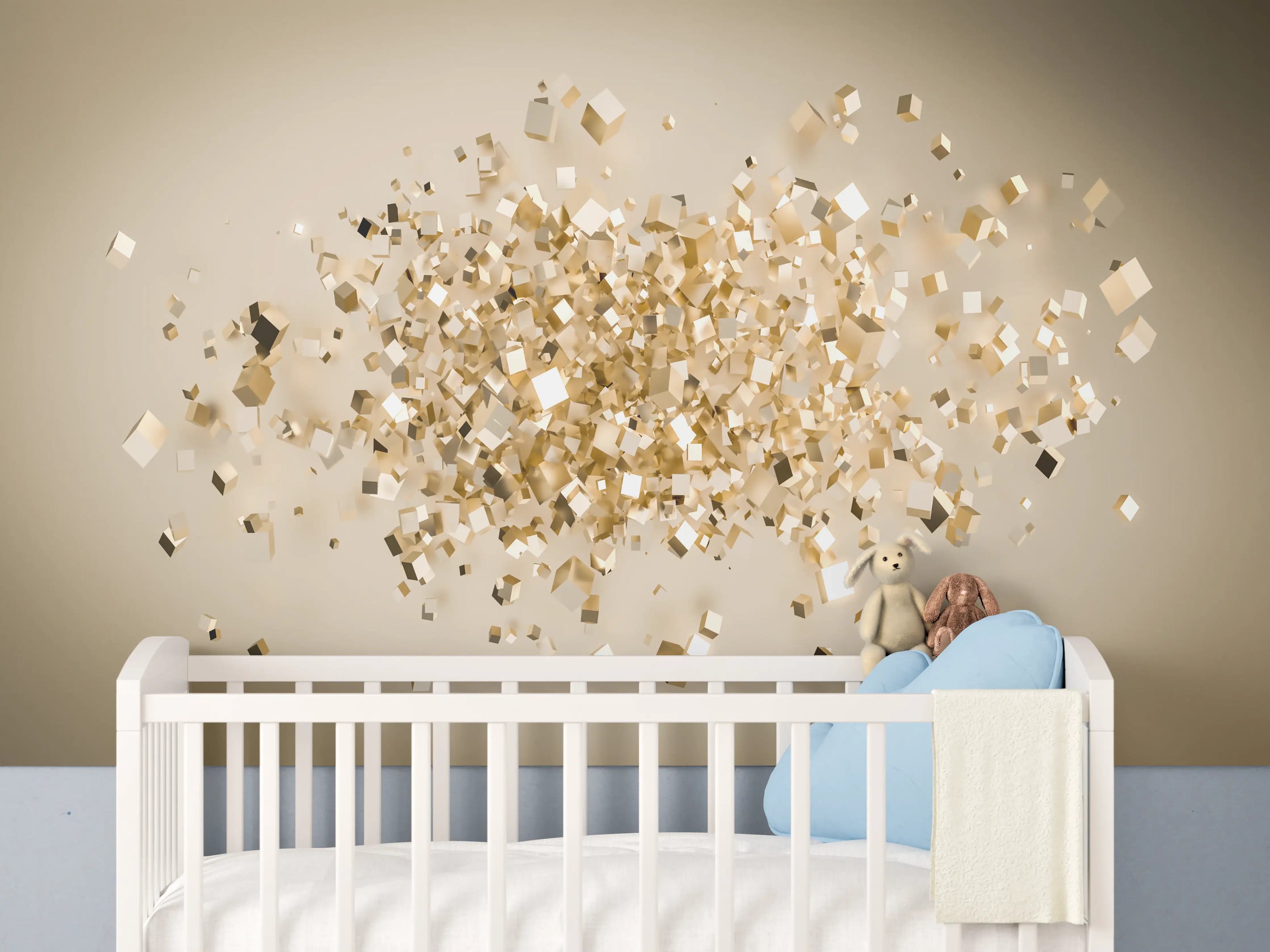 Babyzimmer Wandgestaltung - Glänzende Goldwürfel 3D