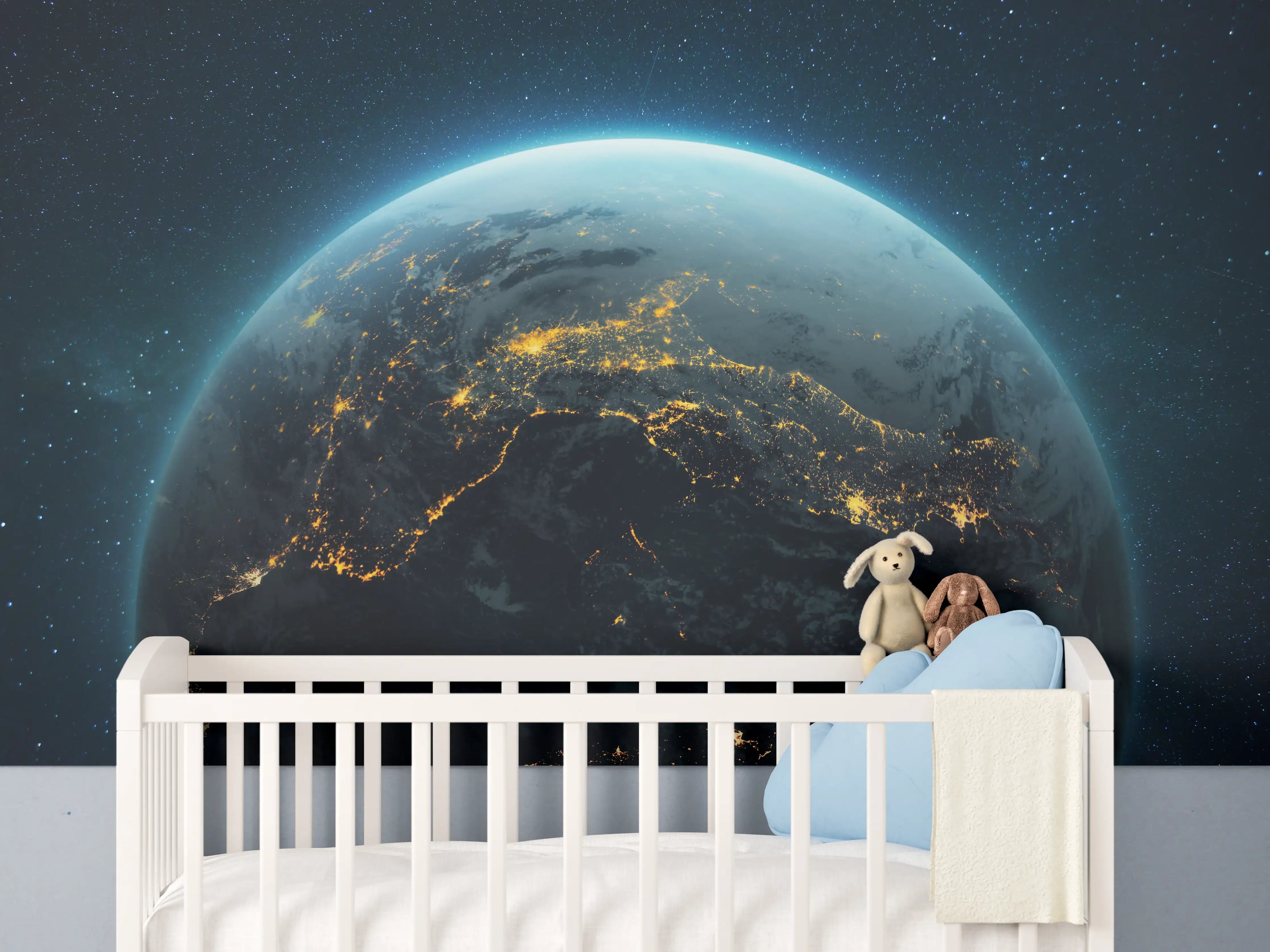 Babyzimmer Wandgestaltung - Globus mit nächtlichen gelben Lichtern der Megastädte