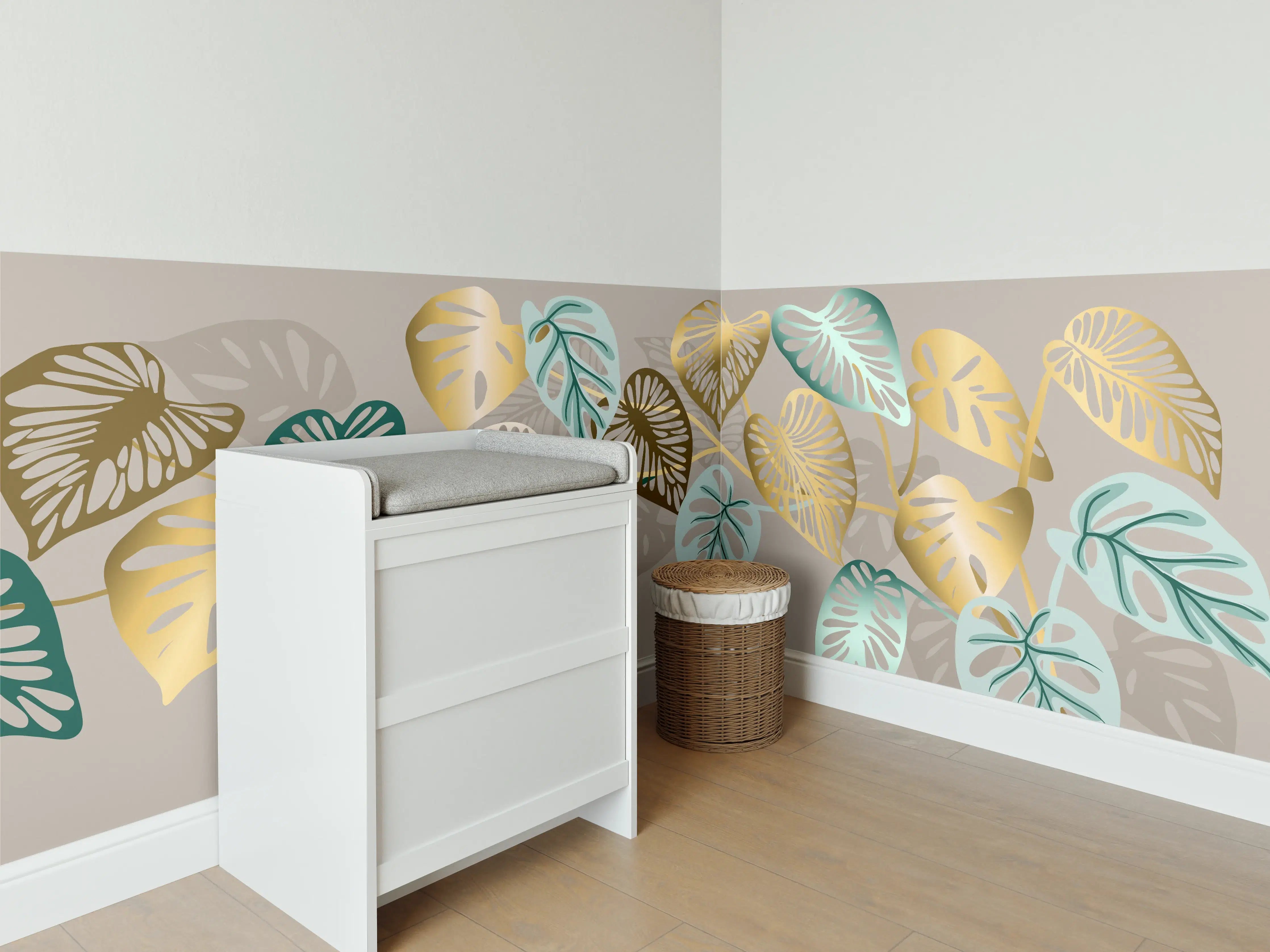 Babyzimmer Wandgestaltung - Gold-Beige Blätter-Muster-Dekor