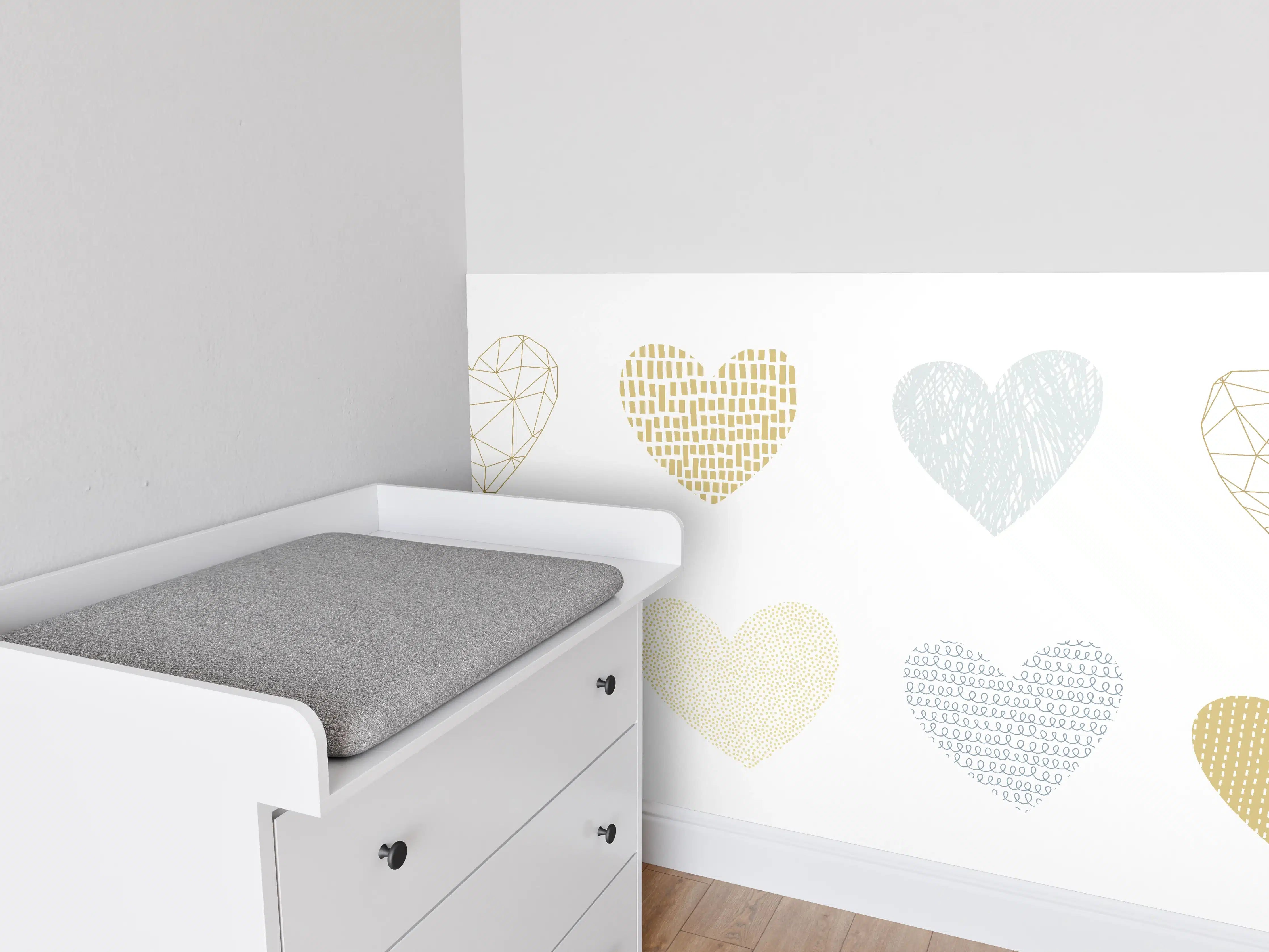 Babyzimmer Wandgestaltung - Gold-Grau Herz-Muster Design
