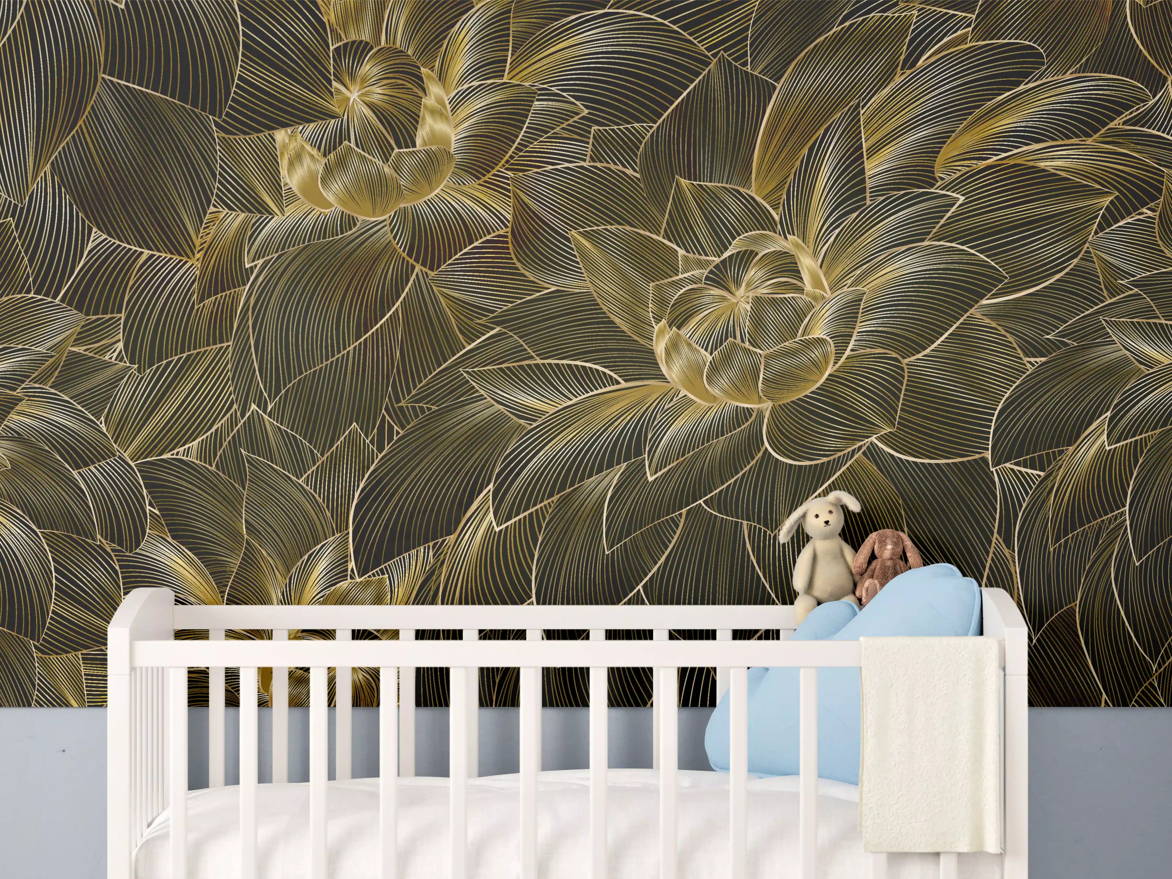 Babyzimmer Wandgestaltung - Goldene Blütenmuster Tapete