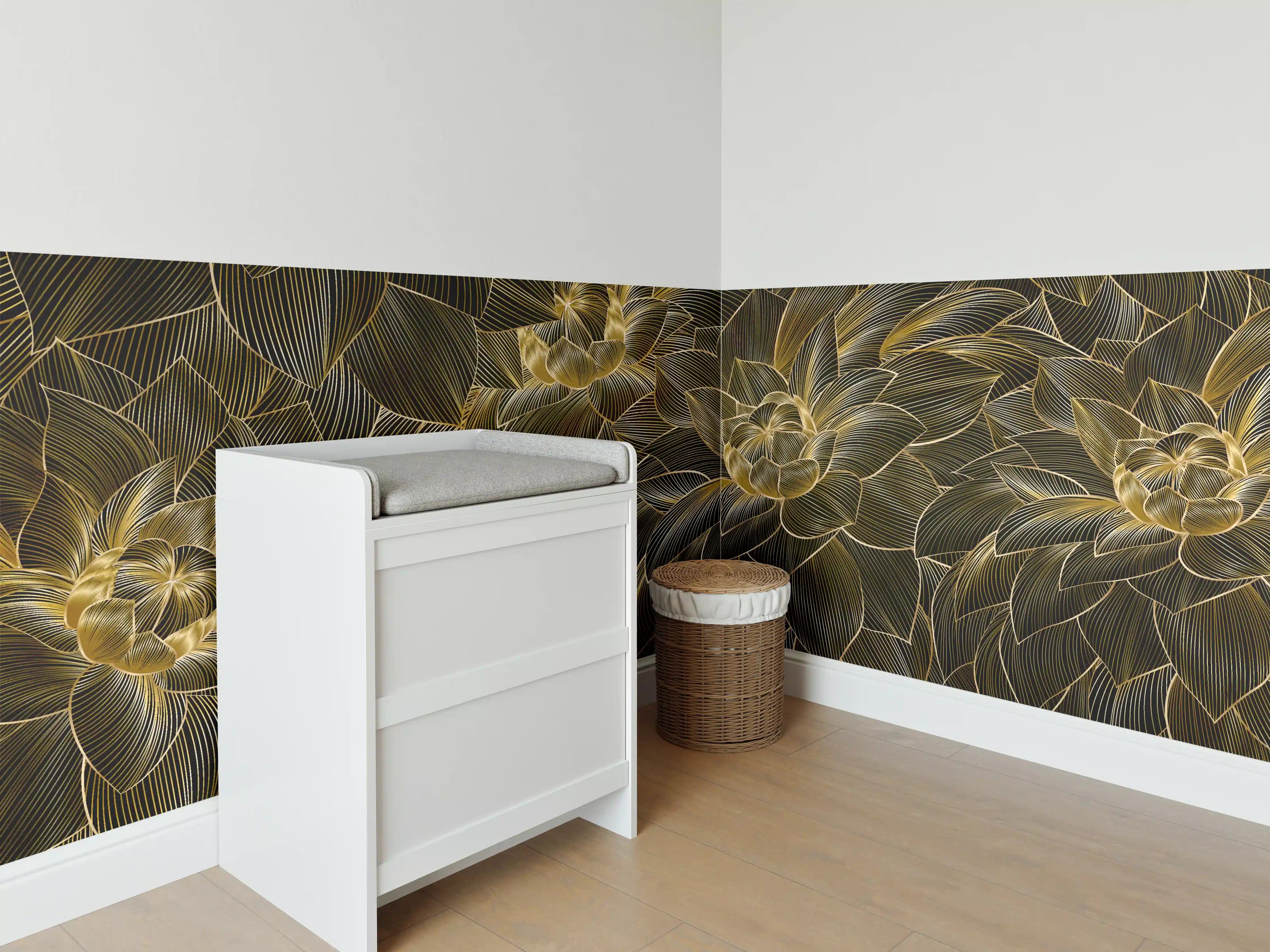 Babyzimmer Wandgestaltung - Goldene Blütenmuster Tapete