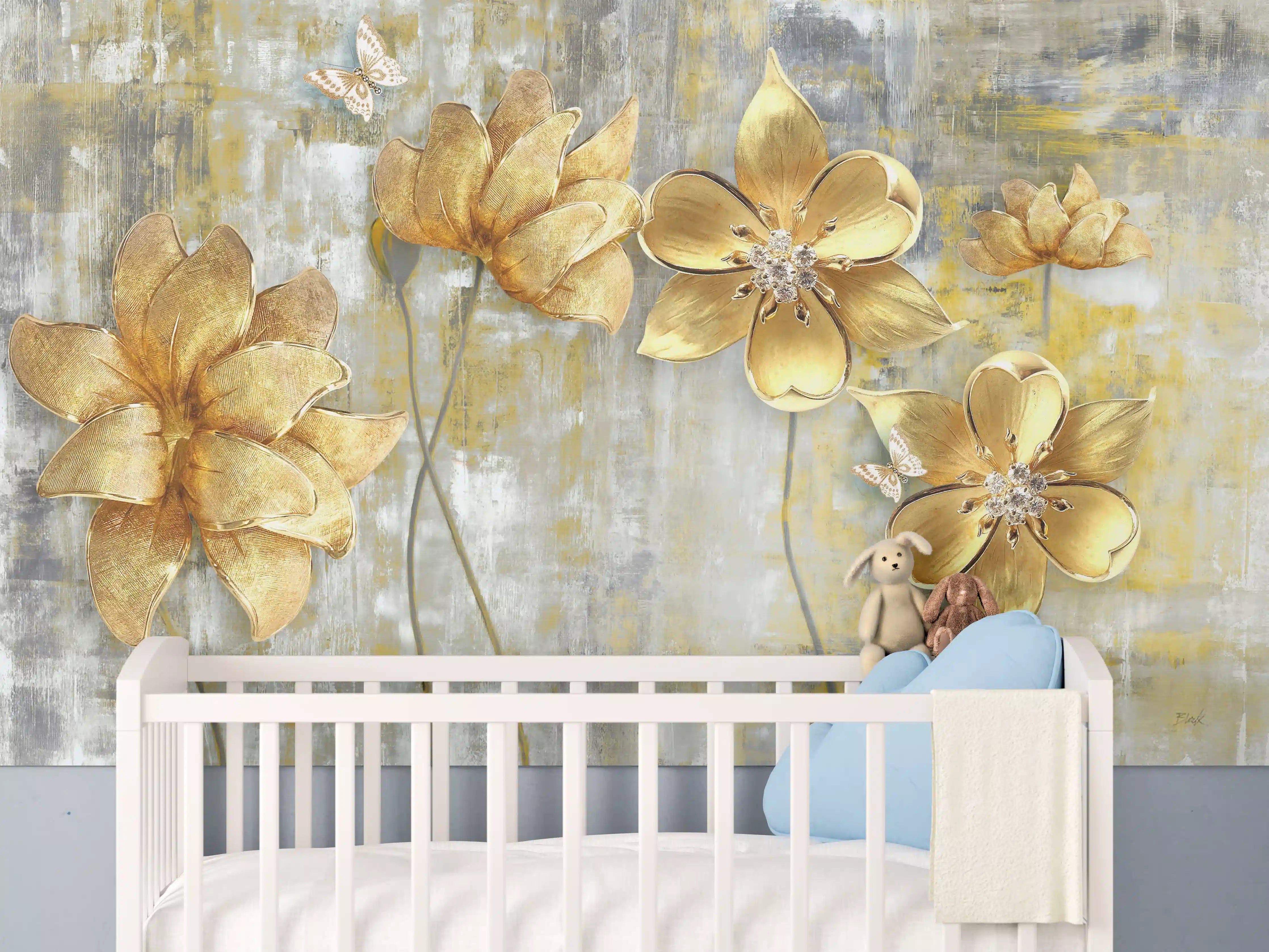 Babyzimmer Wandgestaltung - Goldene Blumen Wanddeko mit Metallic-Details
