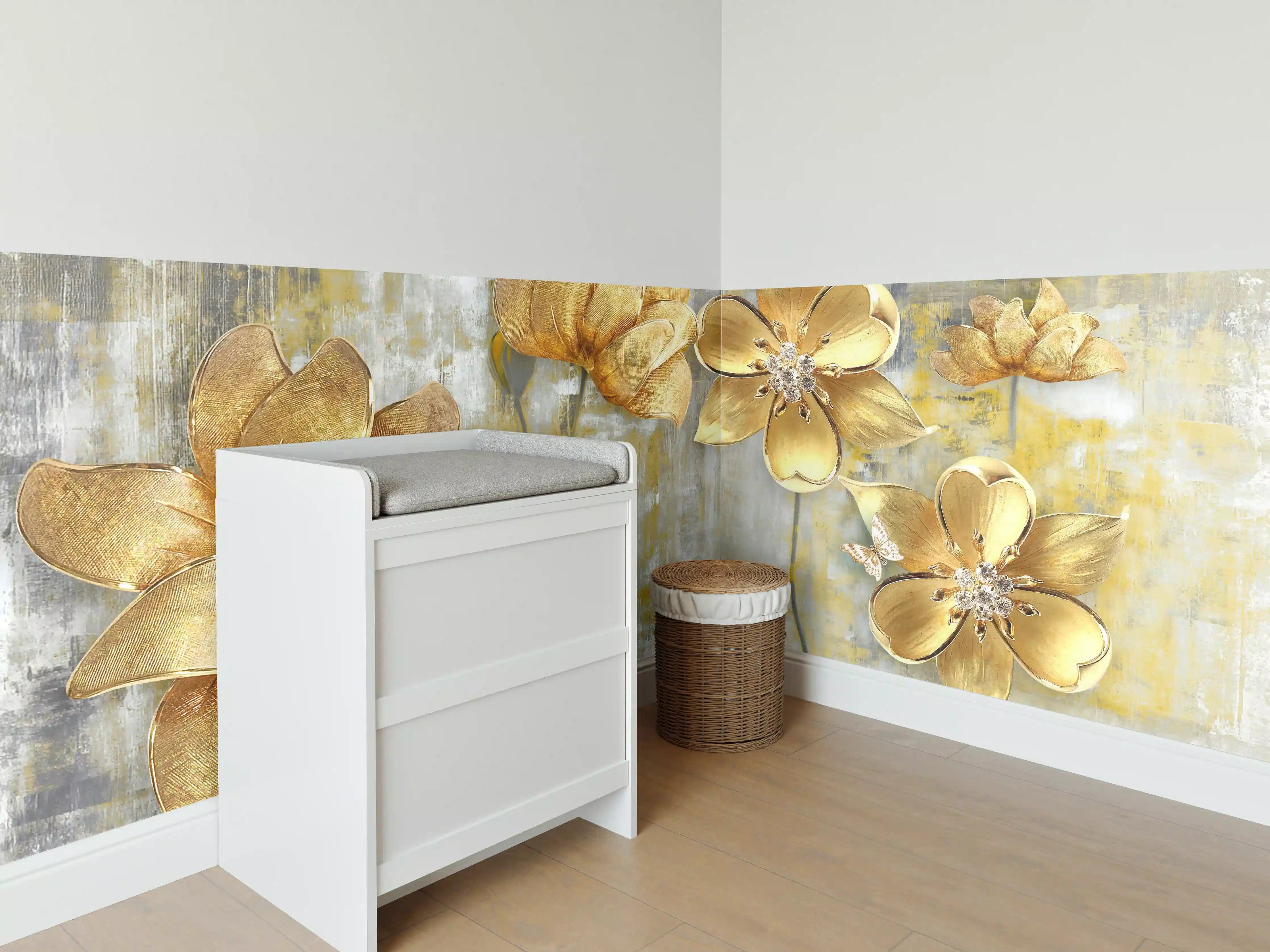Babyzimmer Wandgestaltung - Goldene Blumen Wanddeko mit Metallic-Details