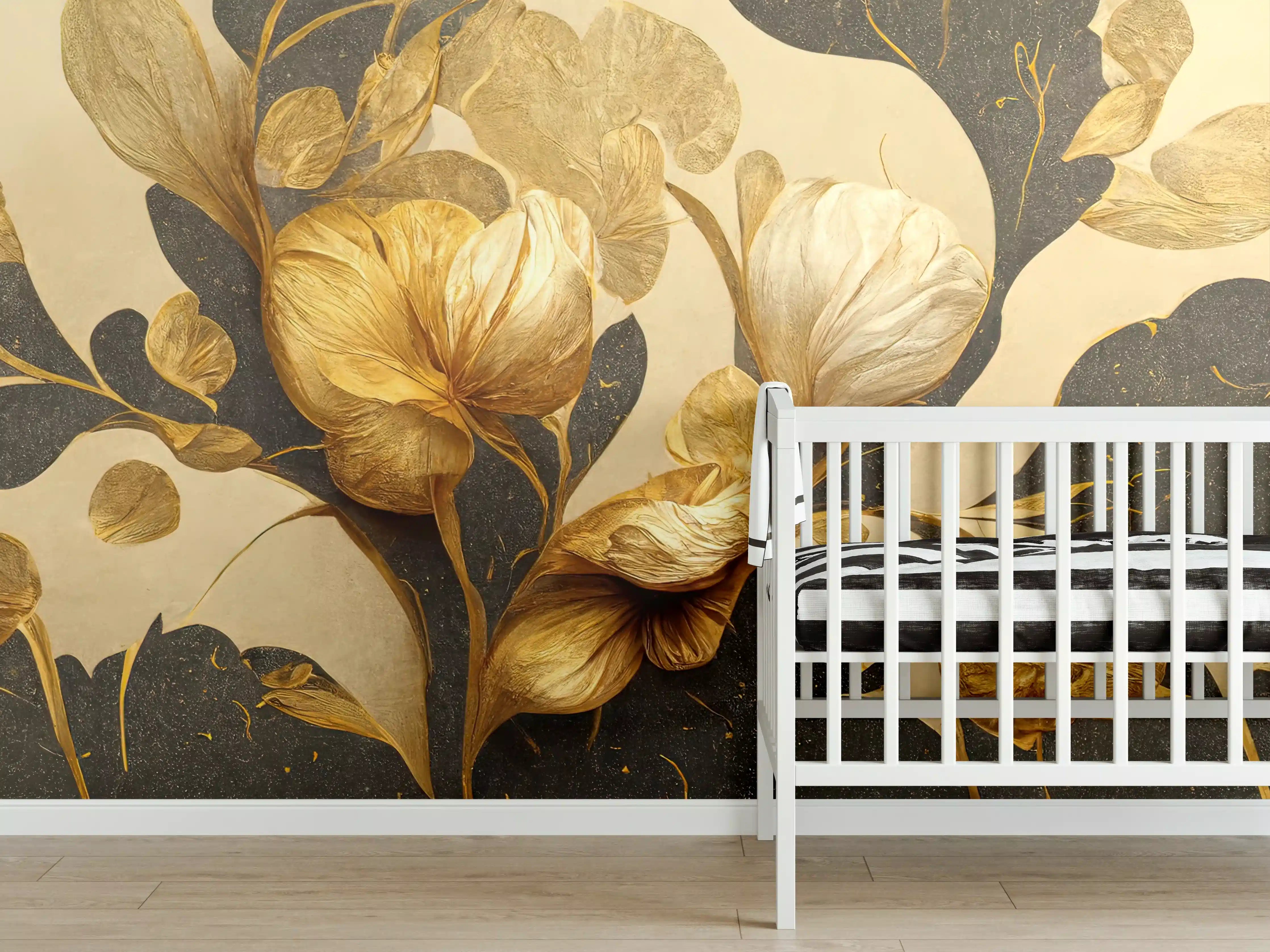 Babyzimmer Wandgestaltung - Goldene Blumenmotive auf dunklem Hintergrund