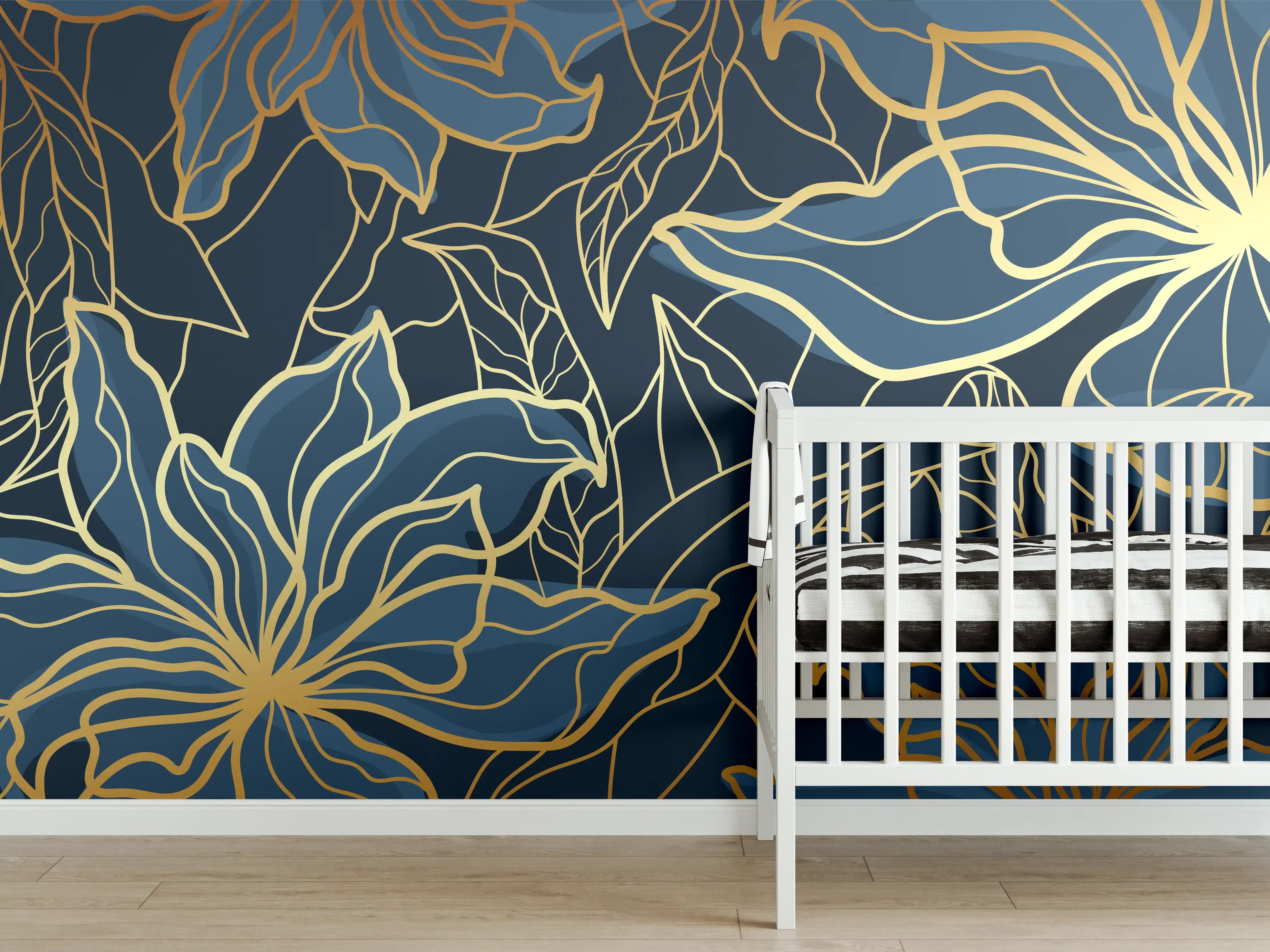 Babyzimmer Wandgestaltung - Goldene Blumenranken auf Dunkelblau