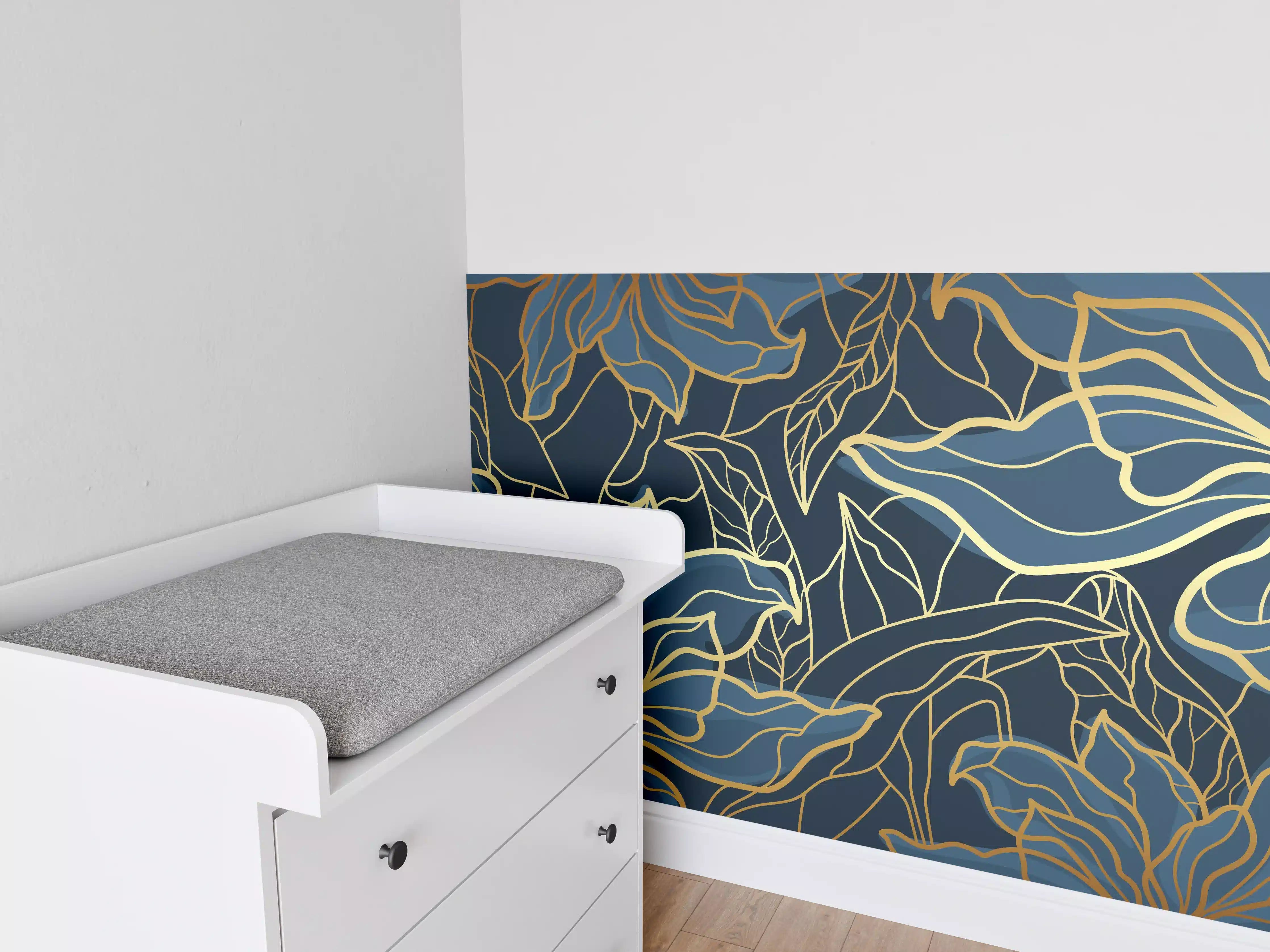 Babyzimmer Wandgestaltung - Goldene Blumenranken auf Dunkelblau