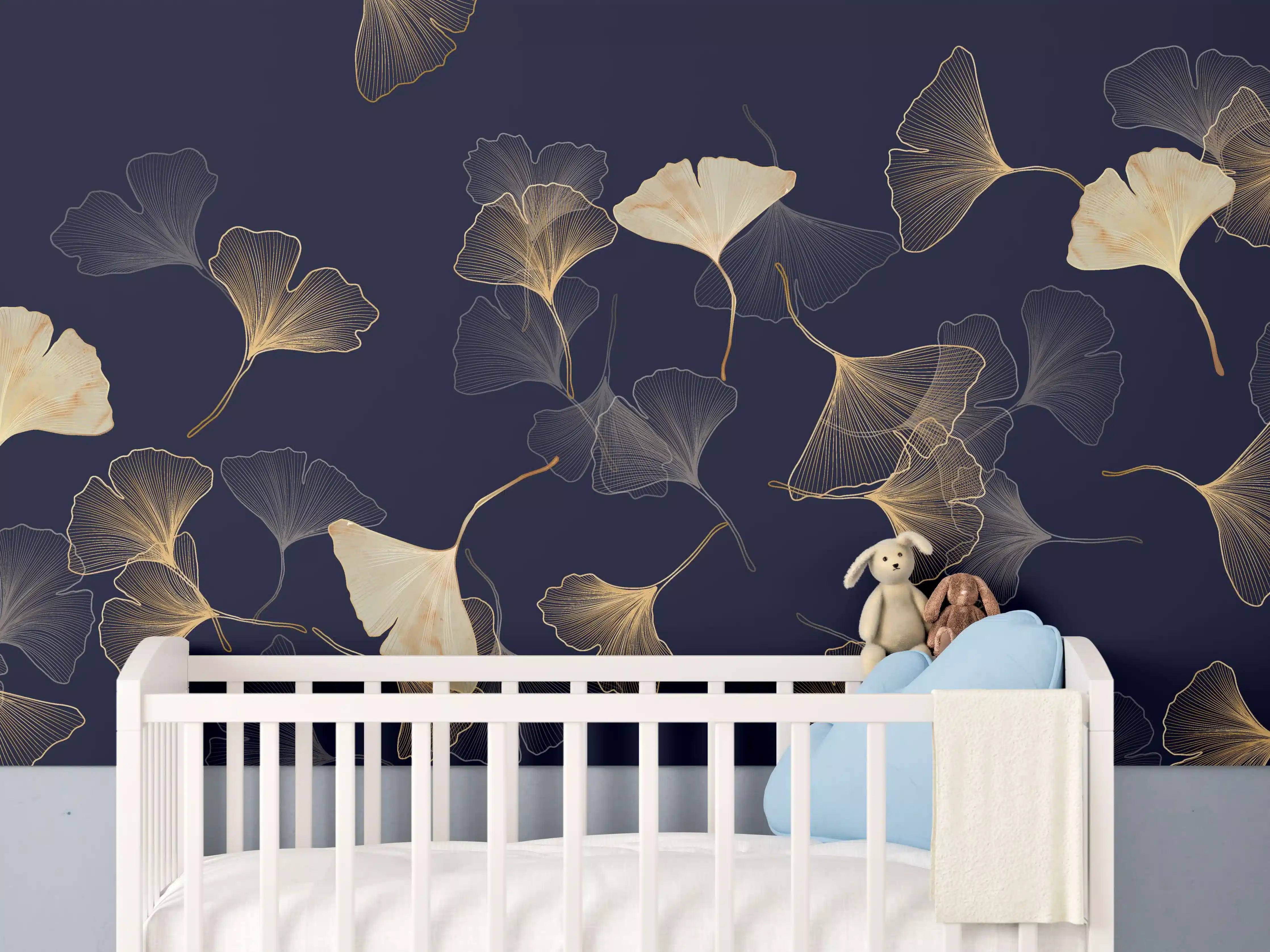 Babyzimmer Wandgestaltung - Goldene Ginkgo Blatt Design Tapete