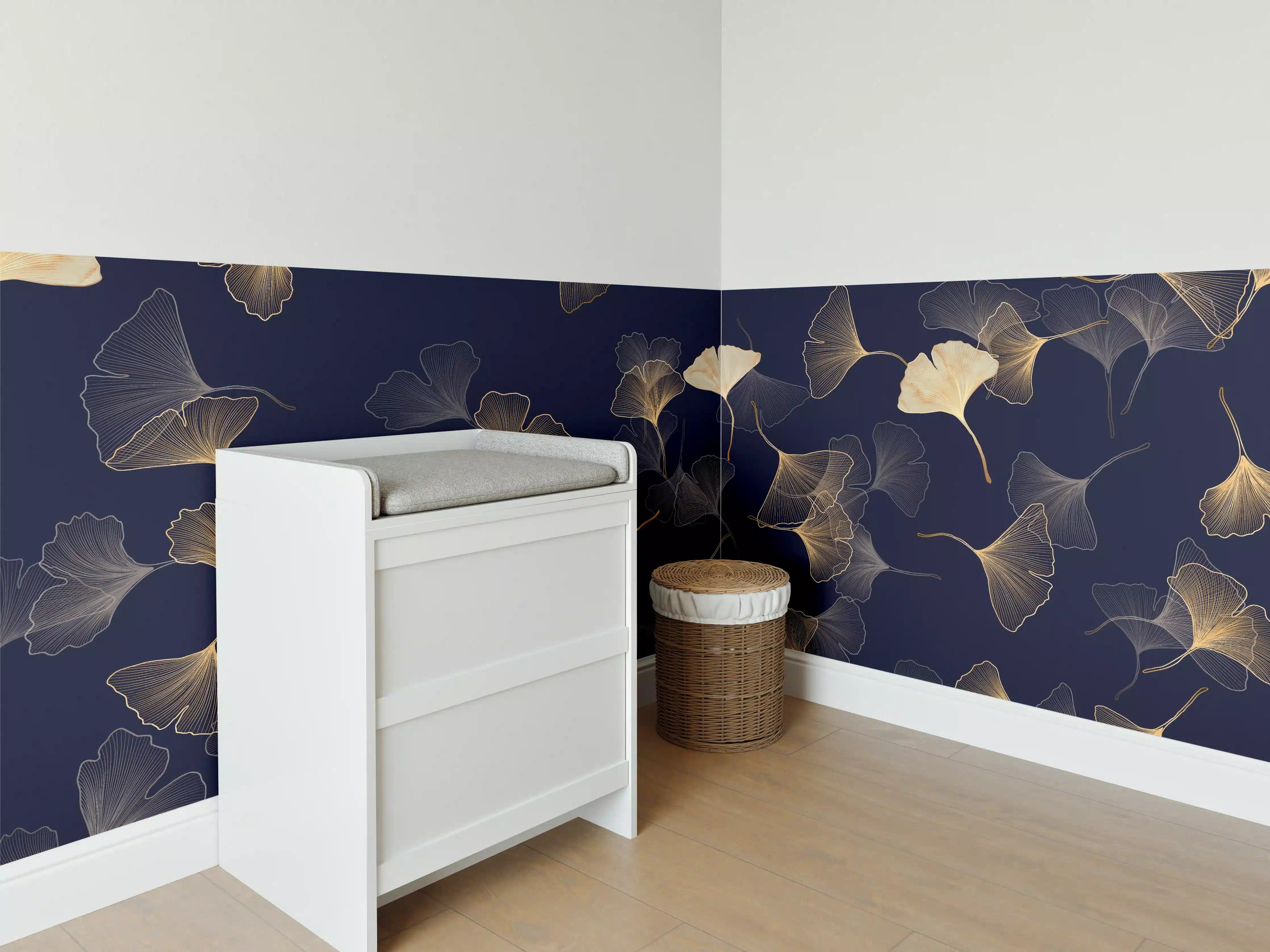 Babyzimmer Wandgestaltung - Goldene Ginkgo Blatt Design Tapete