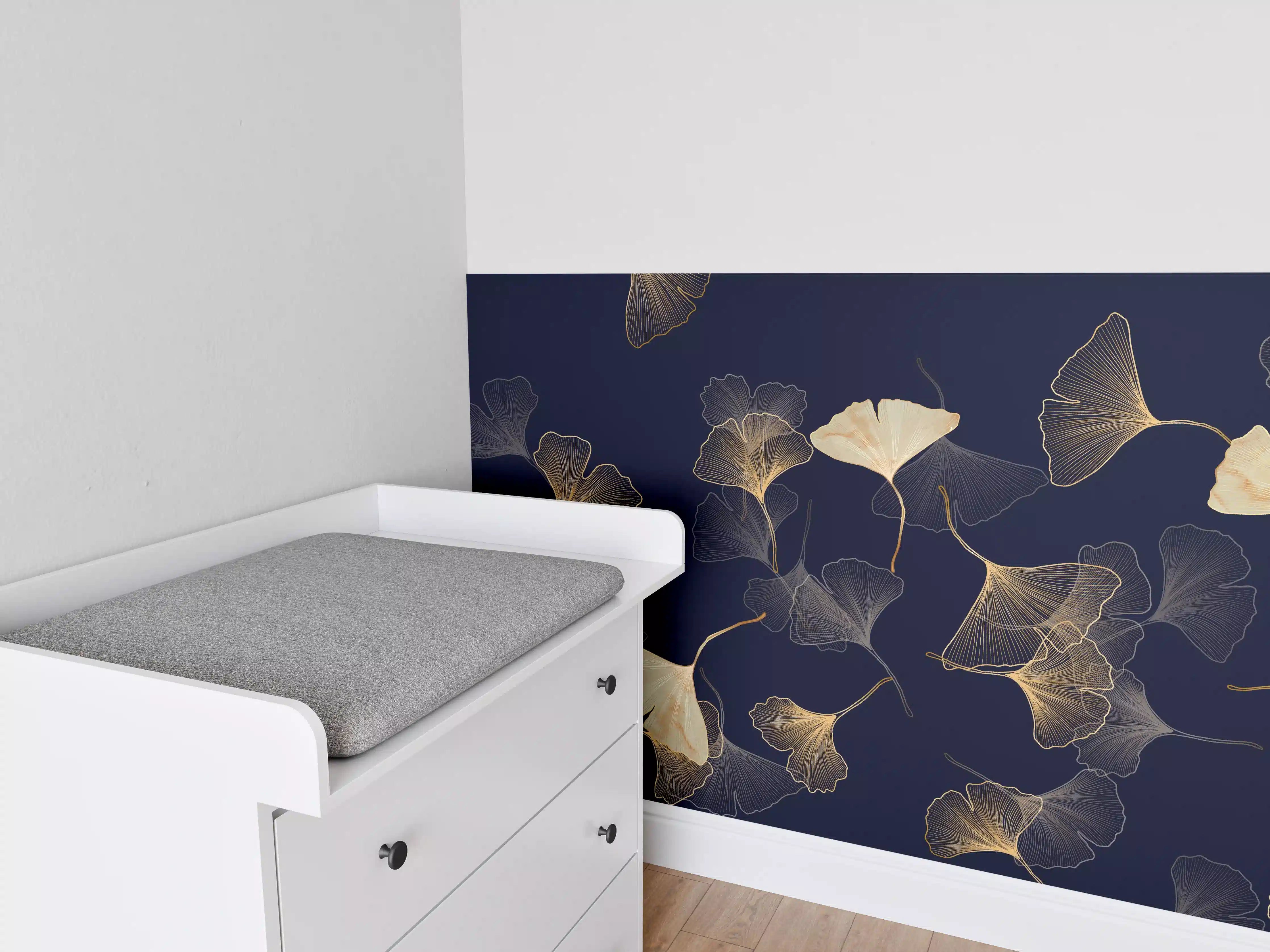 Babyzimmer Wandgestaltung - Goldene Ginkgo Blatt Design Tapete
