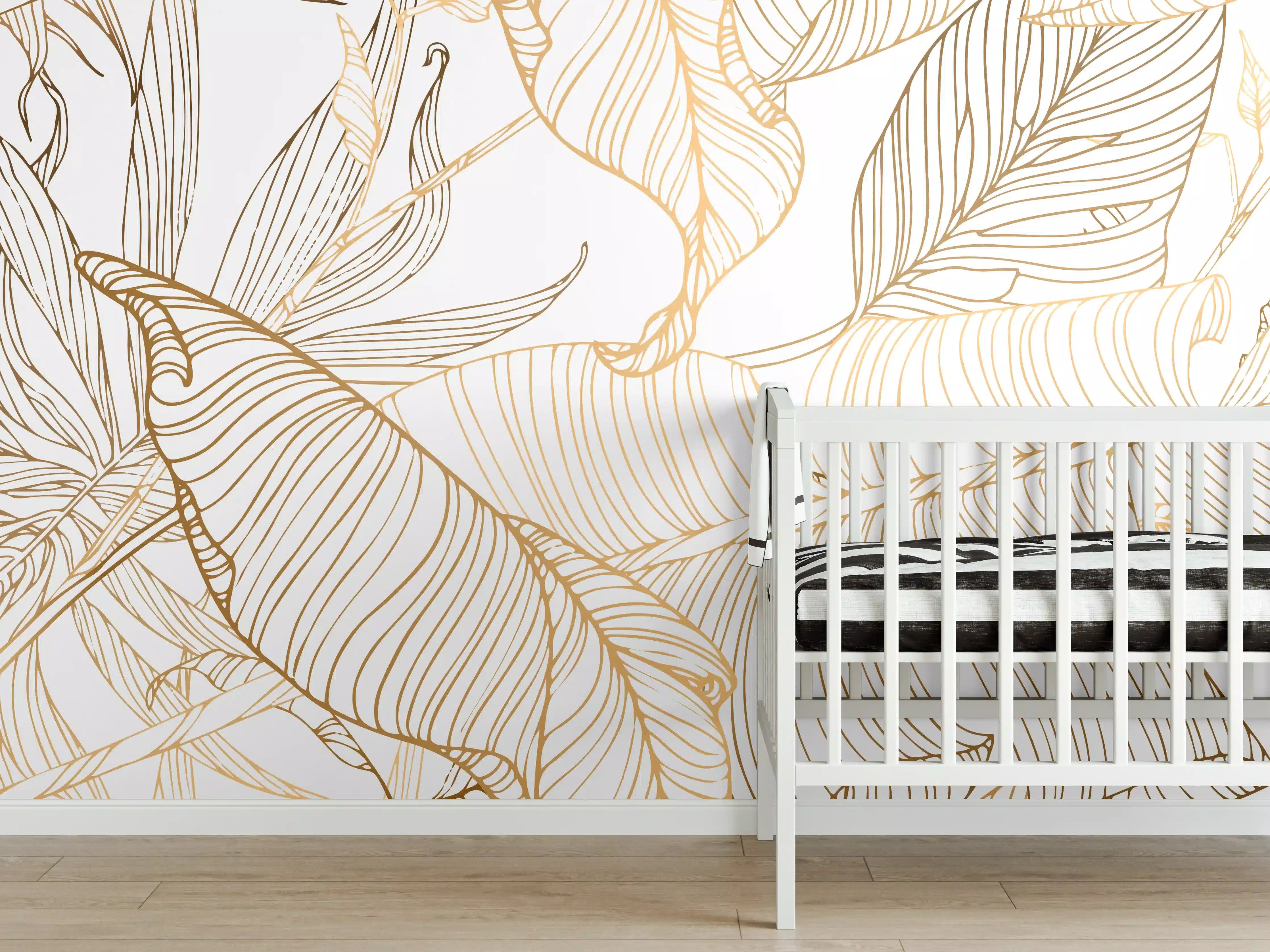 Babyzimmer Wandgestaltung - Goldene Lineart Blattmuster Kunst
