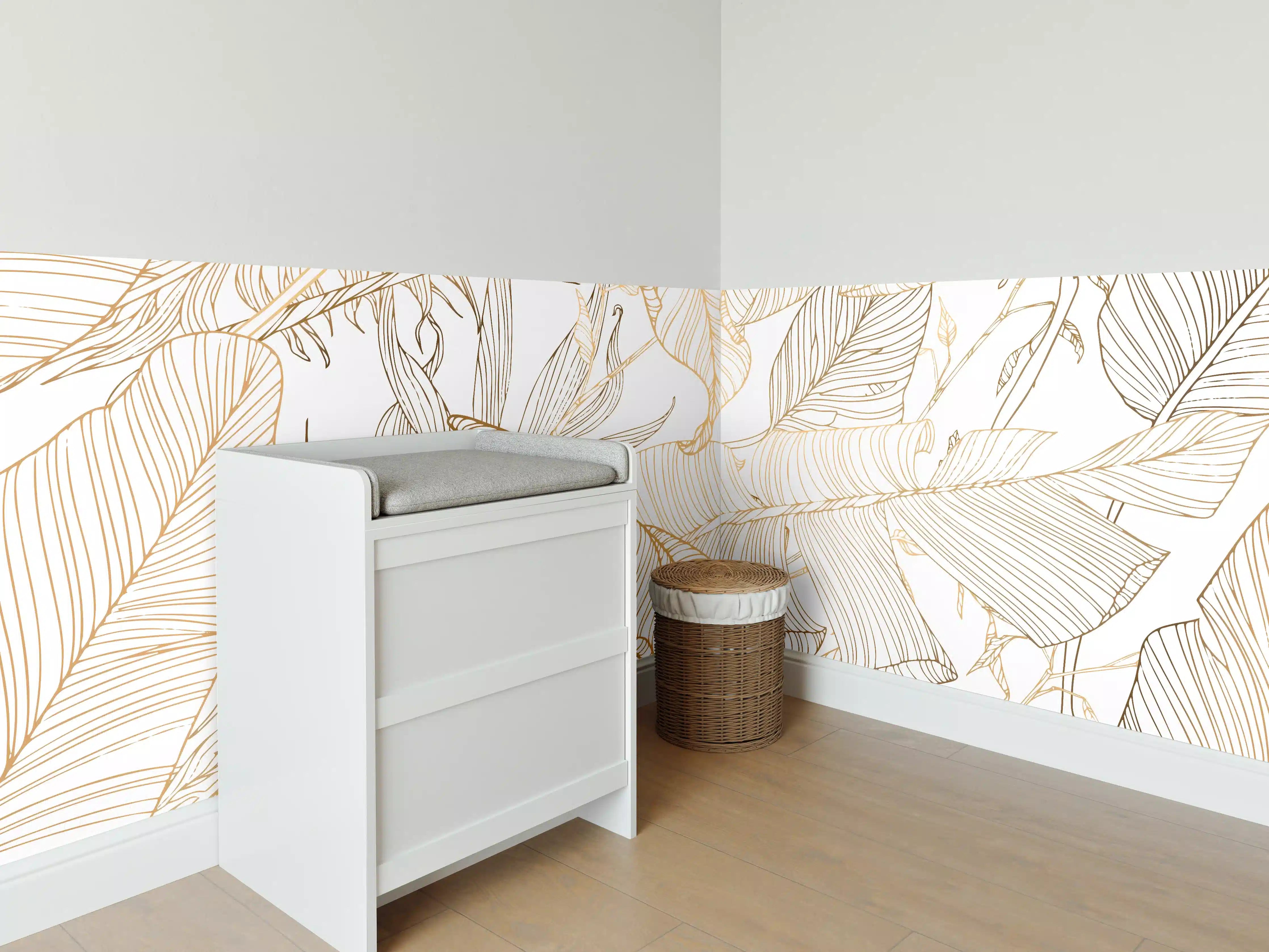 Babyzimmer Wandgestaltung - Goldene Lineart Blattmuster Kunst