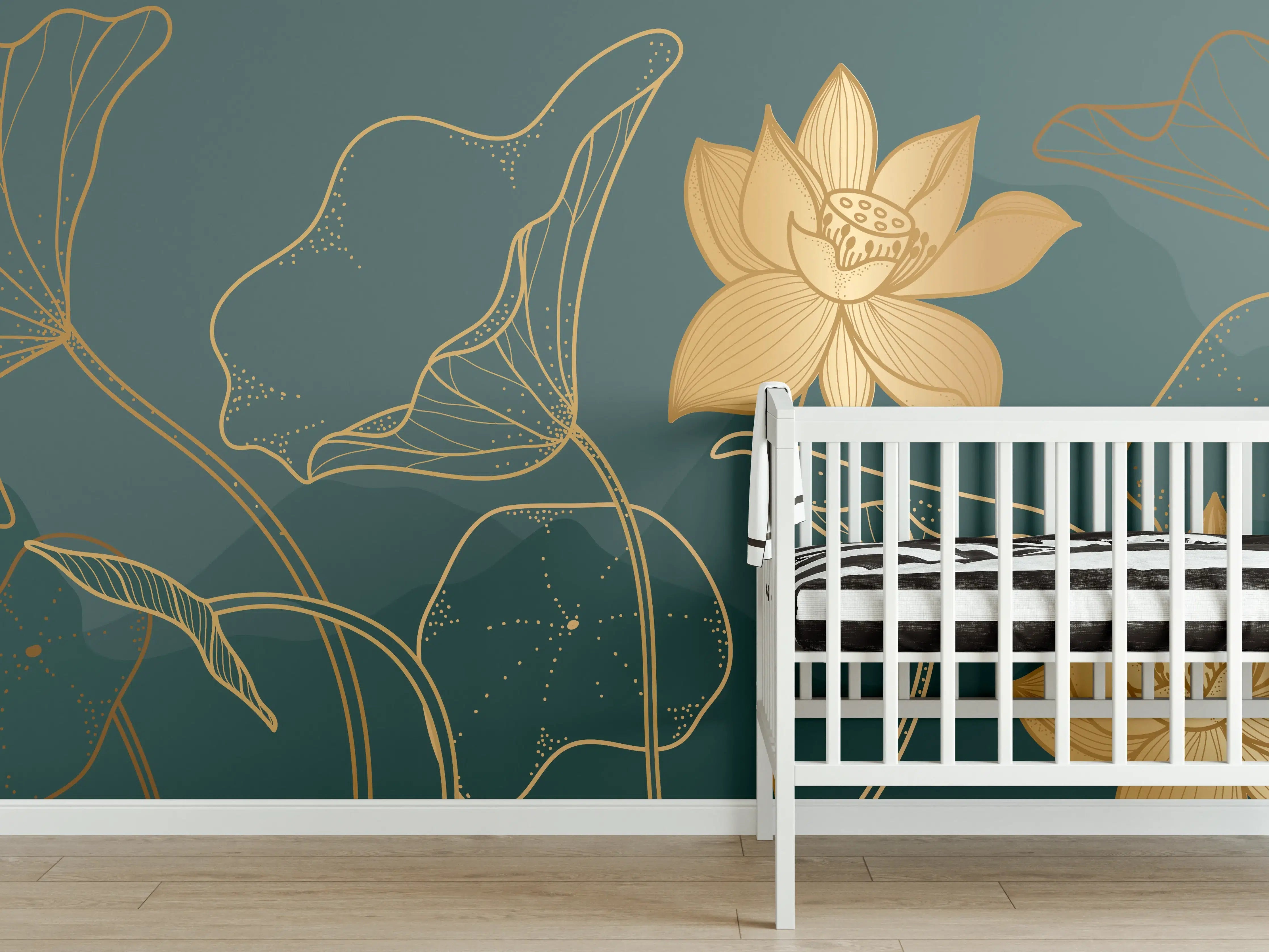 Babyzimmer Wandgestaltung - Goldene Lotus Linienzeichnung