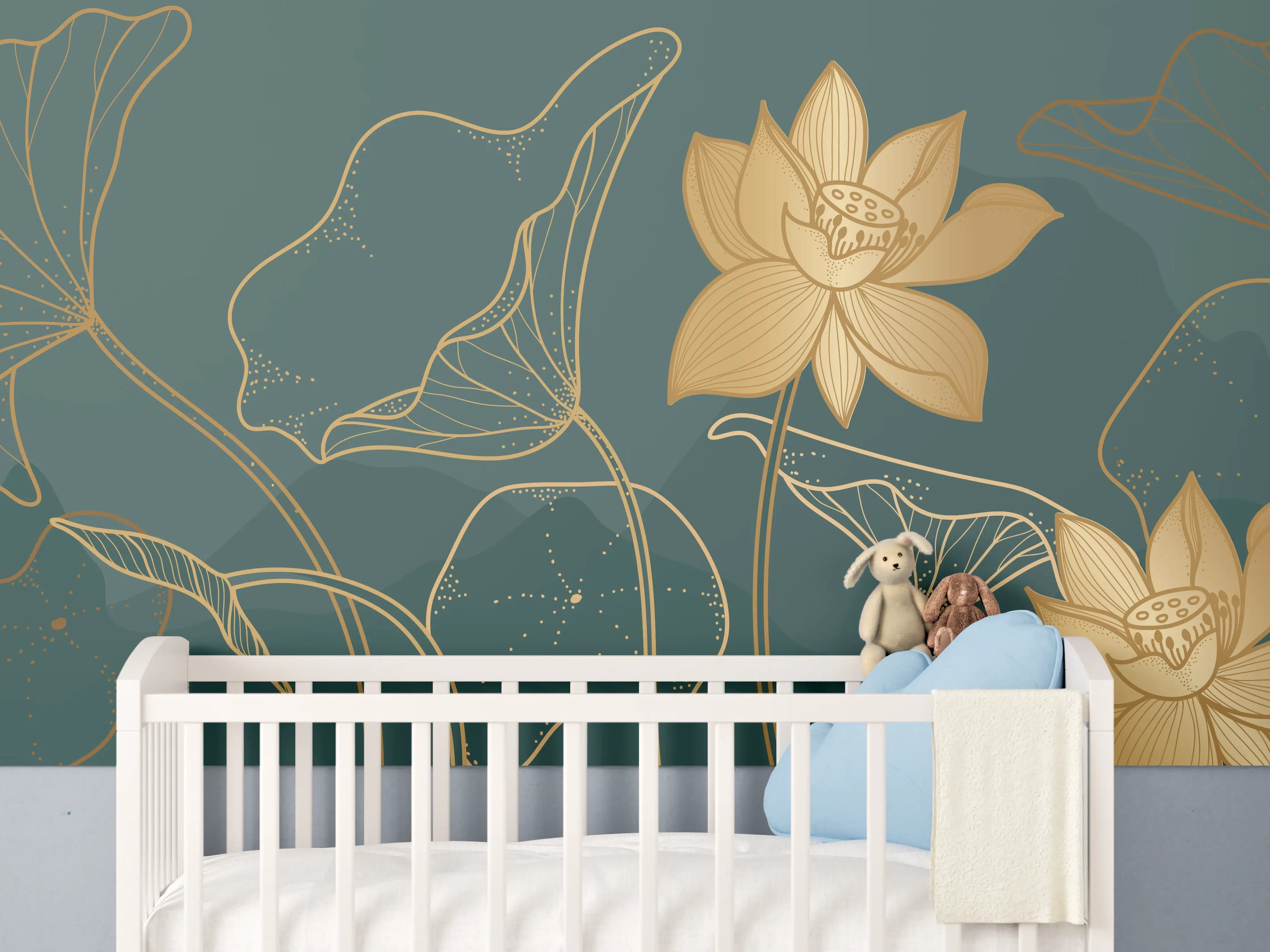 Babyzimmer Wandgestaltung - Goldene Lotus Linienzeichnung