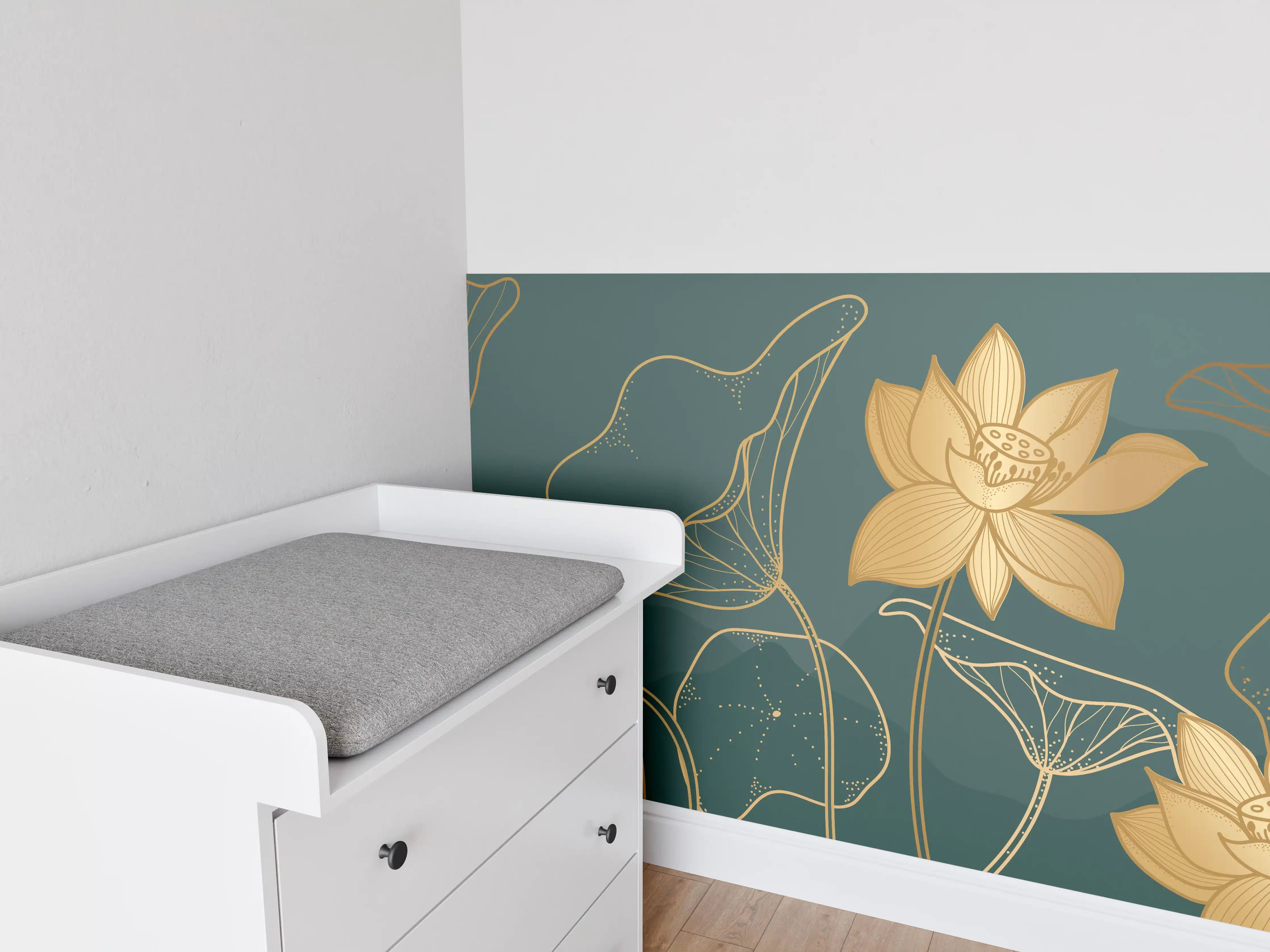 Babyzimmer Wandgestaltung - Goldene Lotus Linienzeichnung