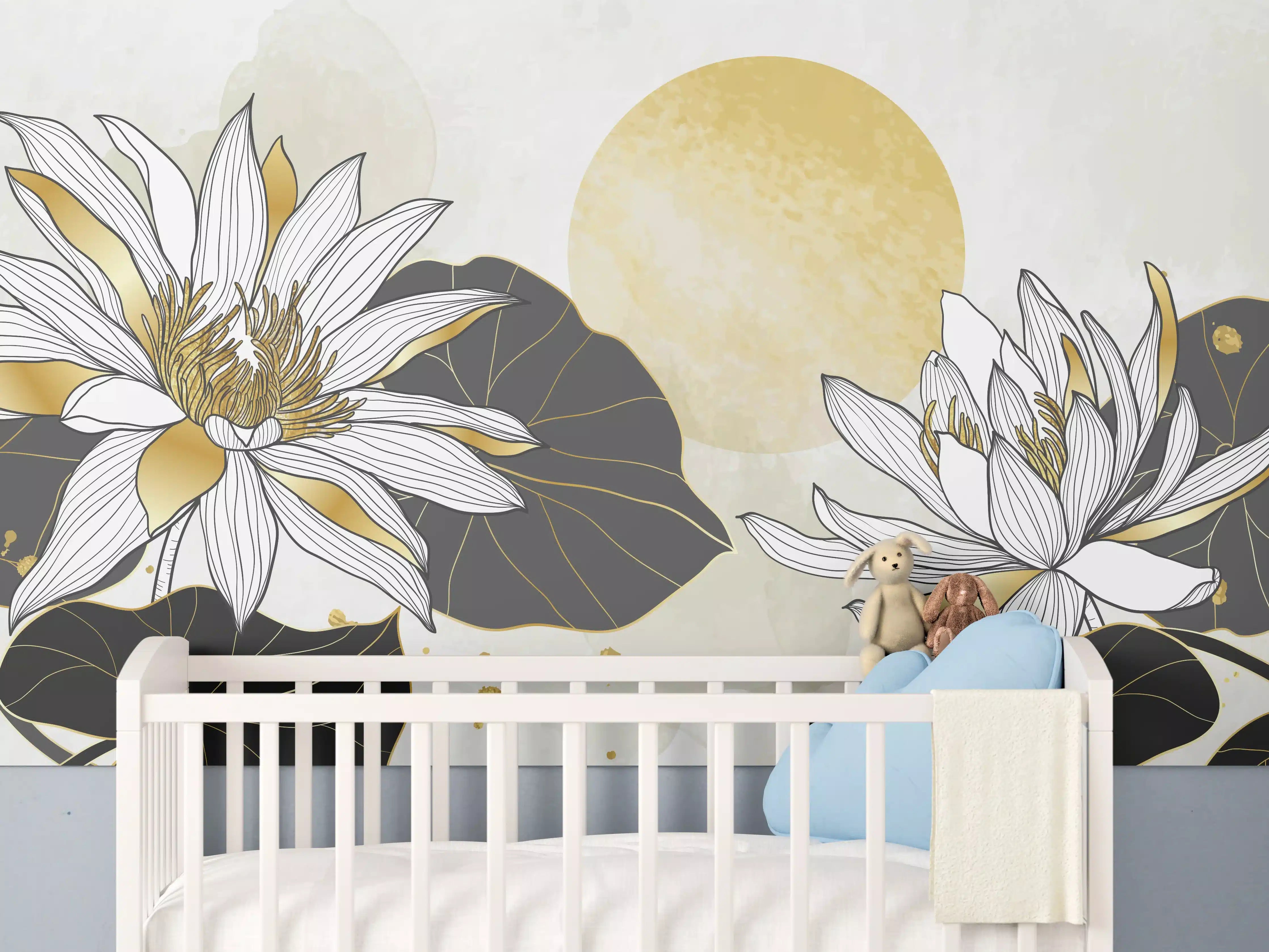 Babyzimmer Wandgestaltung - Goldene Lotusblüten Illustration