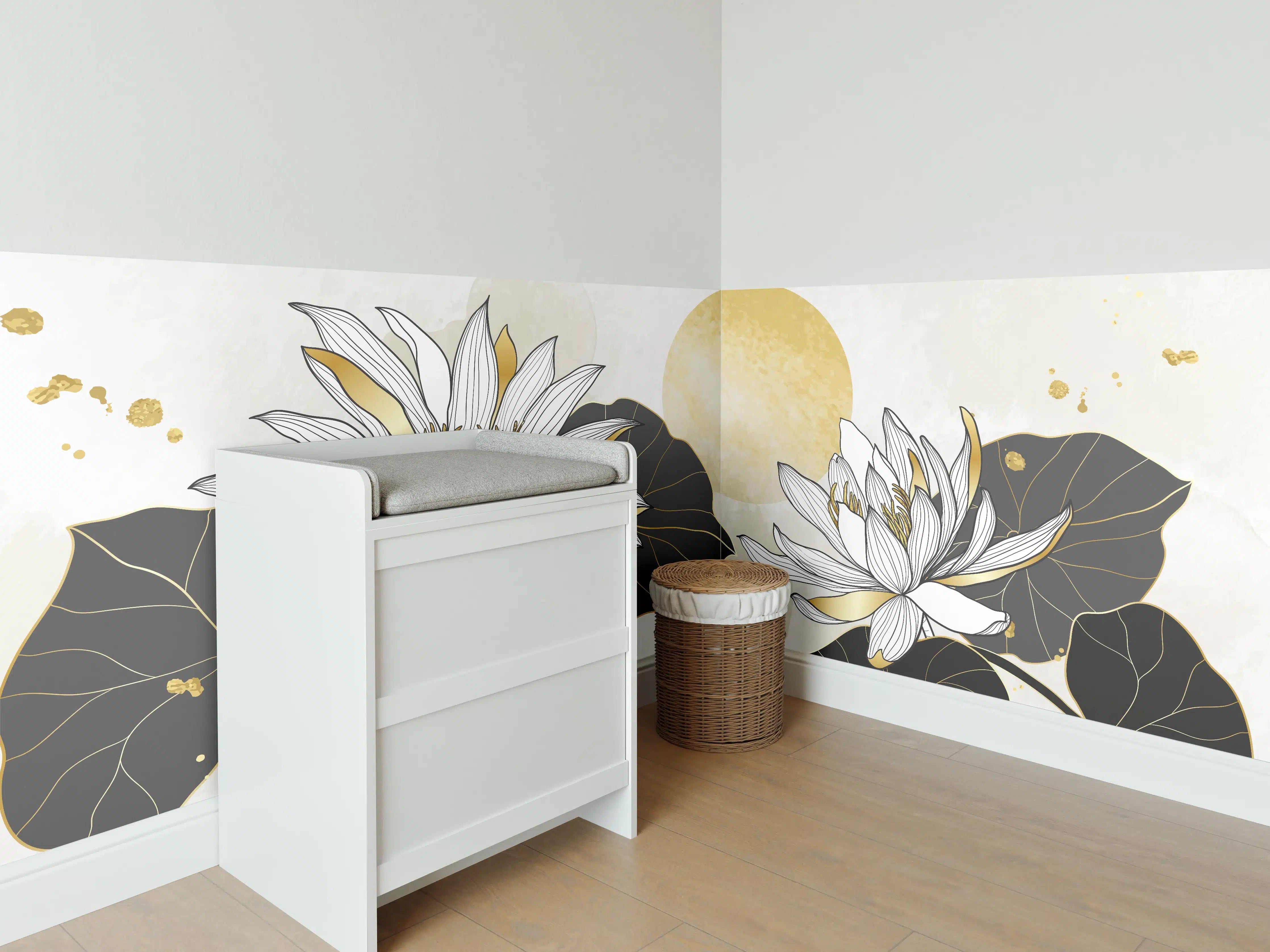 Babyzimmer Wandgestaltung - Goldene Lotusblüten Illustration