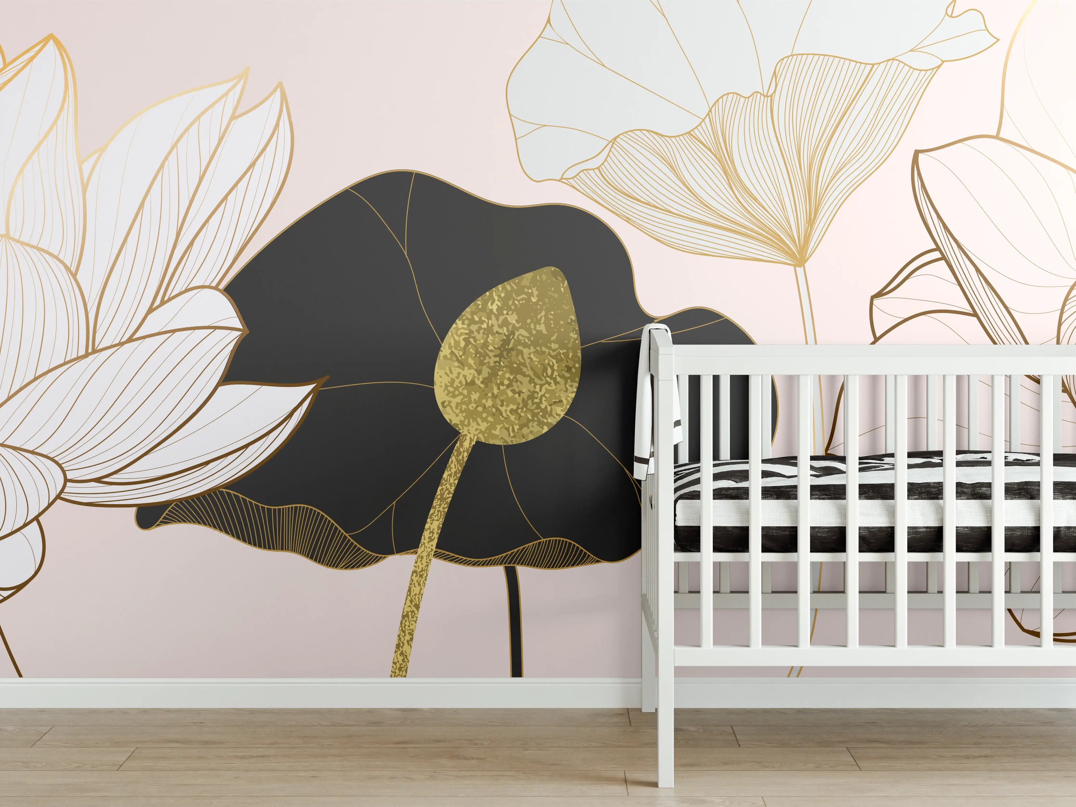 Babyzimmer Wandgestaltung - Goldene Lotusblumen auf Schwarz