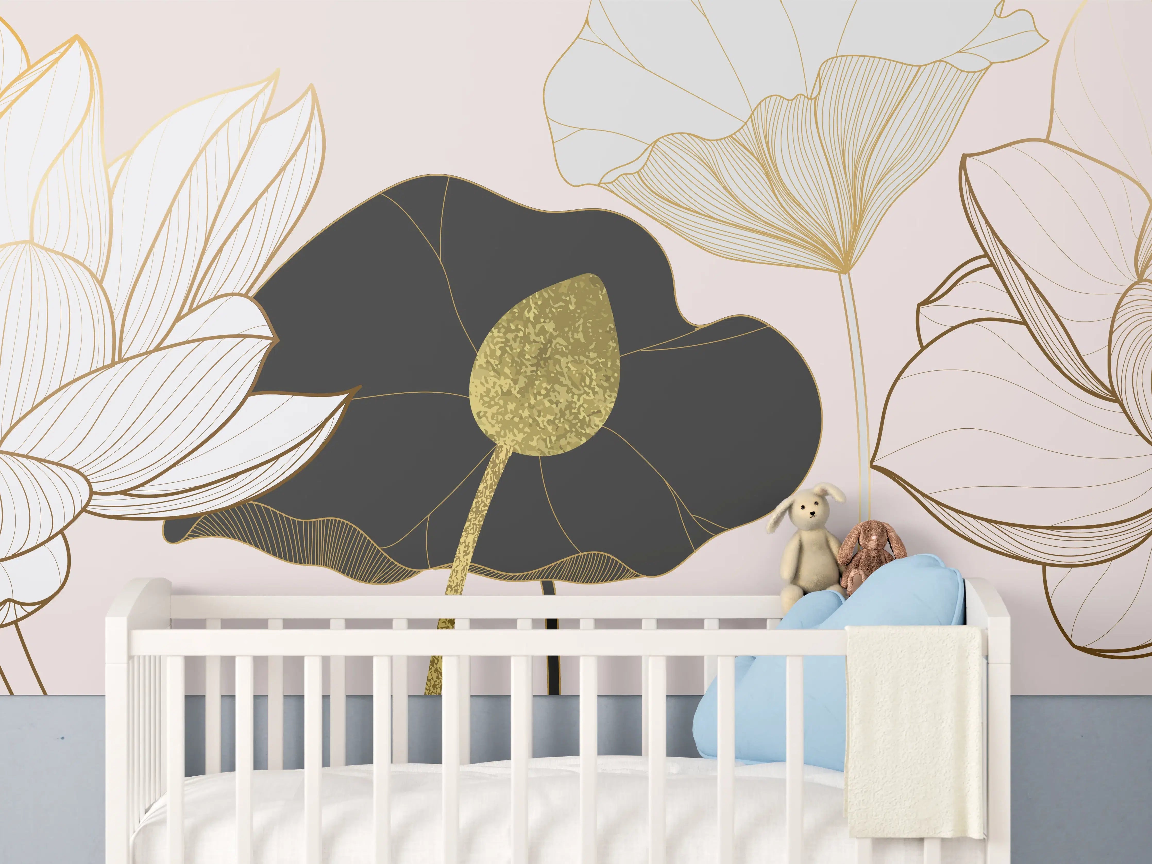 Babyzimmer Wandgestaltung - Goldene Lotusblumen auf Schwarz