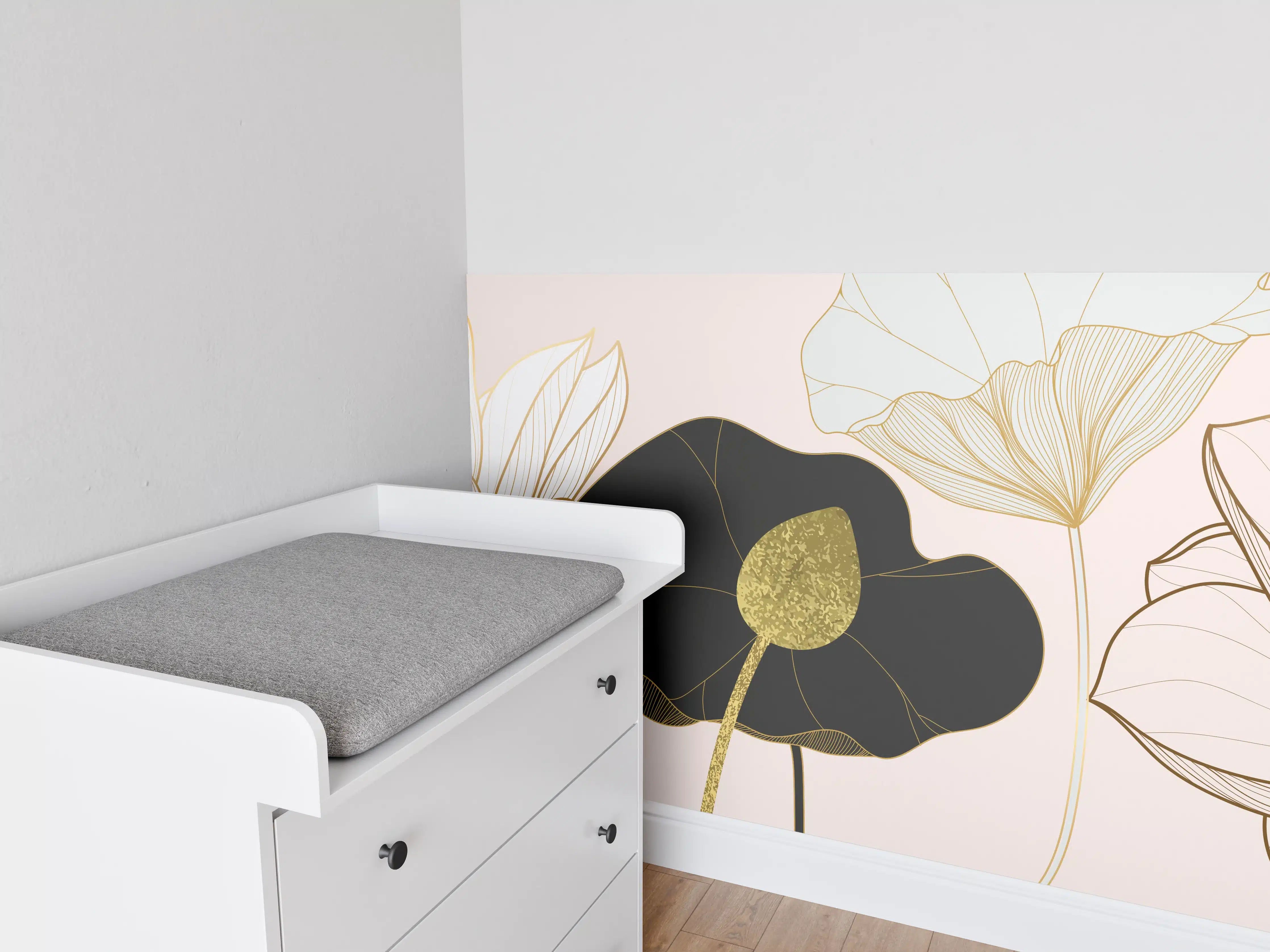 Babyzimmer Wandgestaltung - Goldene Lotusblumen auf Schwarz