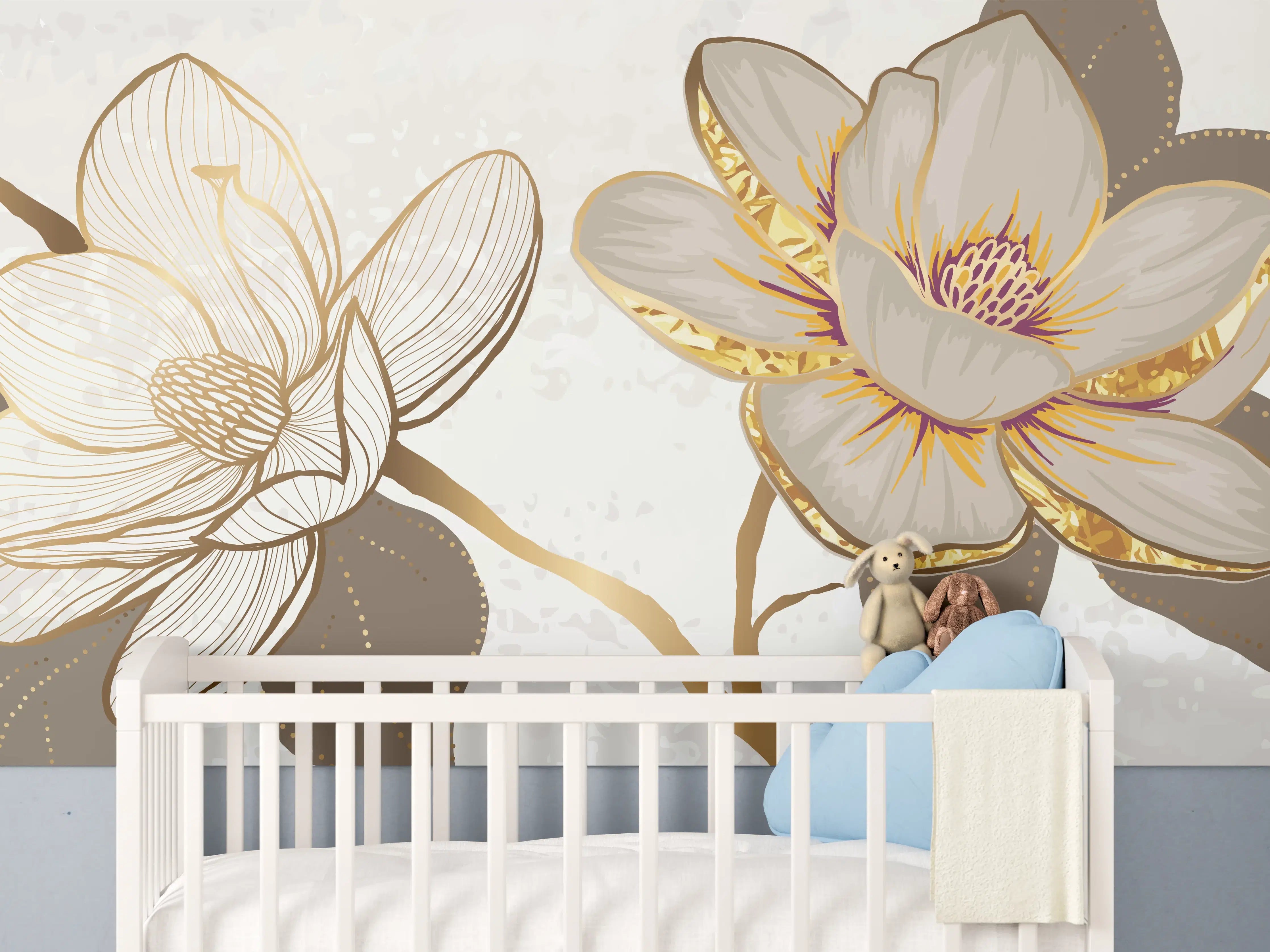 Babyzimmer Wandgestaltung - Goldene Magnolien Kunst-Design