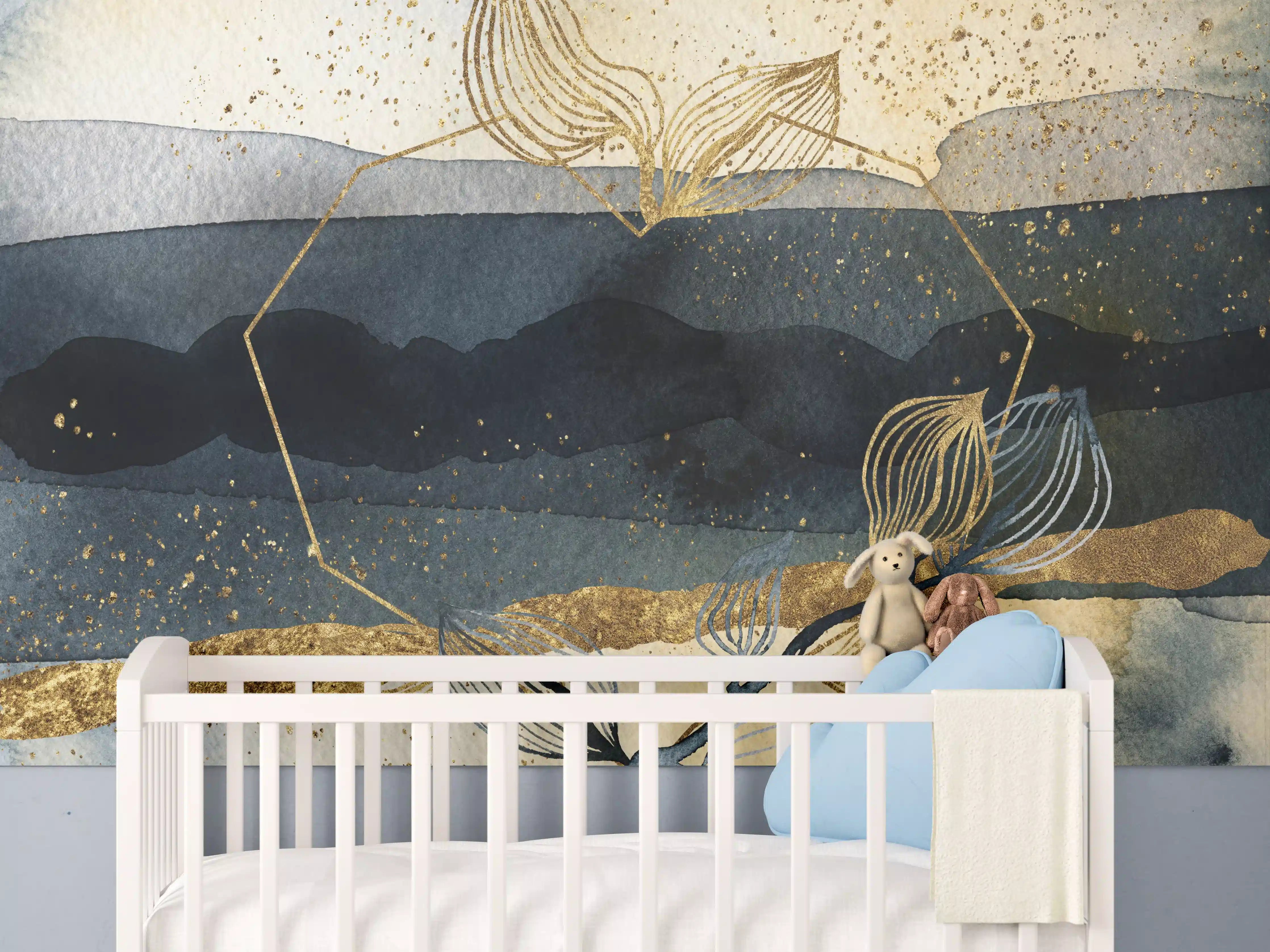 Babyzimmer Wandgestaltung - Goldene Pflanzenlinie über Wasser mit Himmelshintergrund