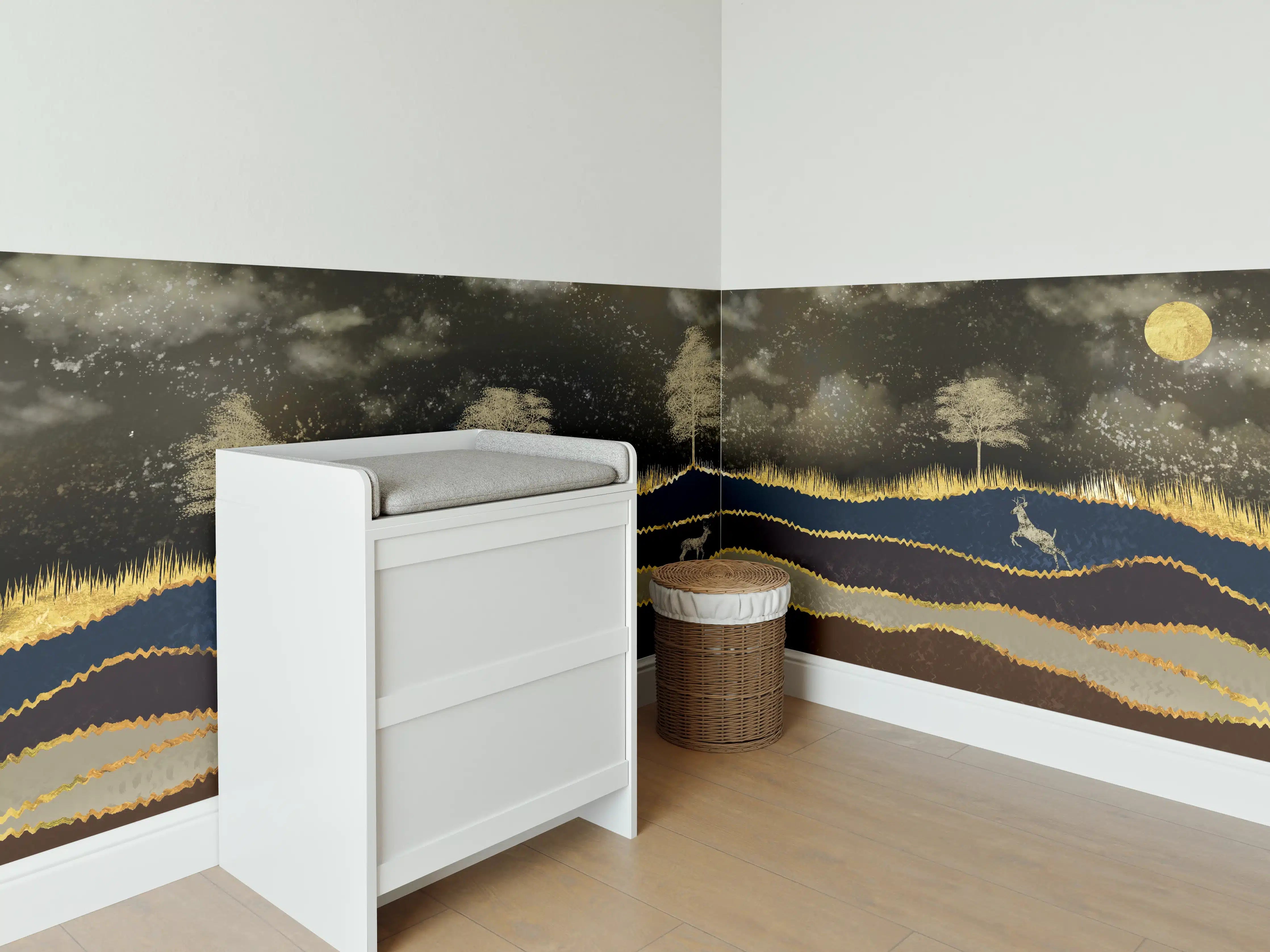 Babyzimmer Wandgestaltung - Goldene Sonne Dunkler Wald Hirsch