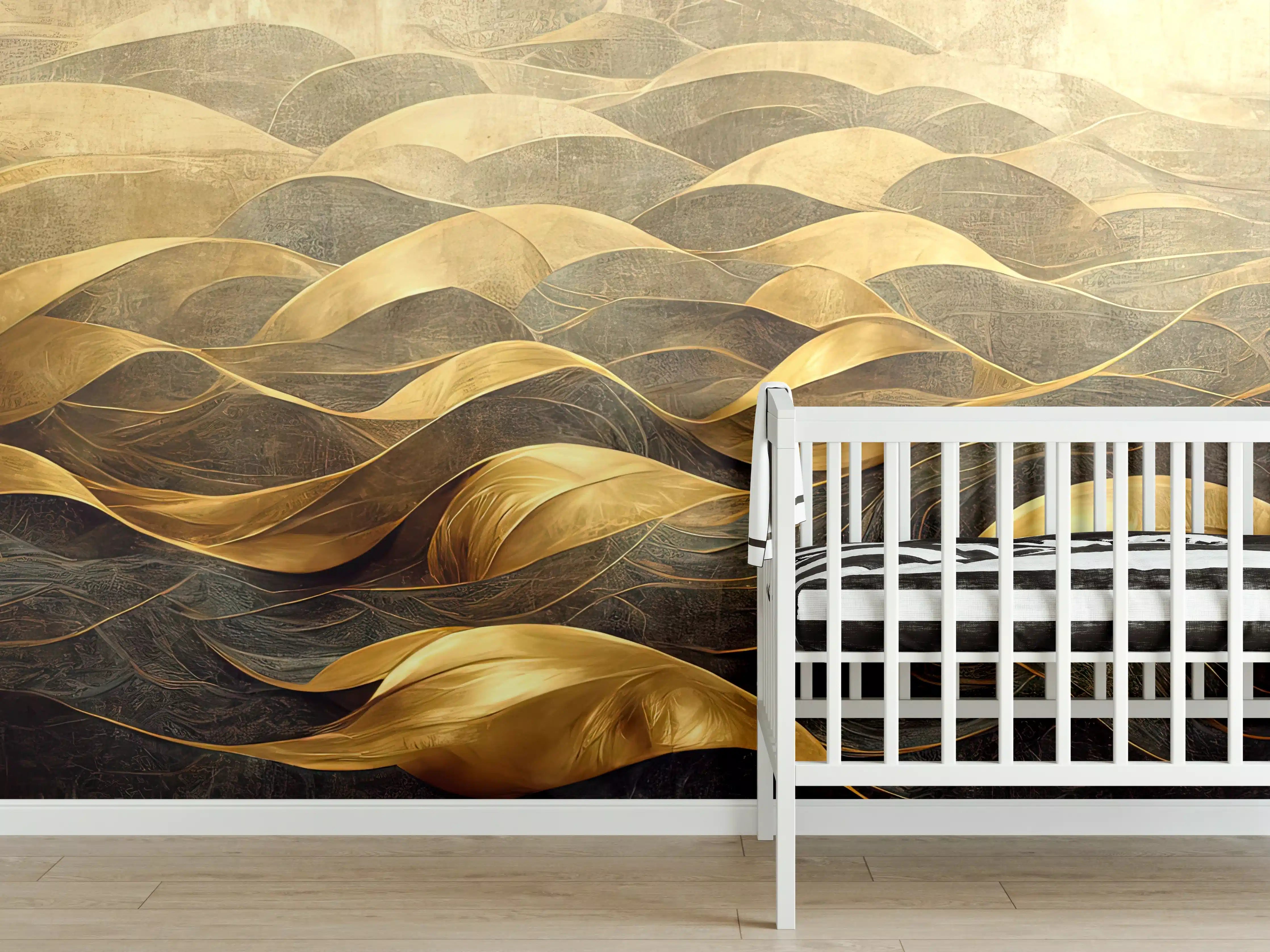 Babyzimmer Wandgestaltung - Goldene Wellen auf dunklem Hintergrund