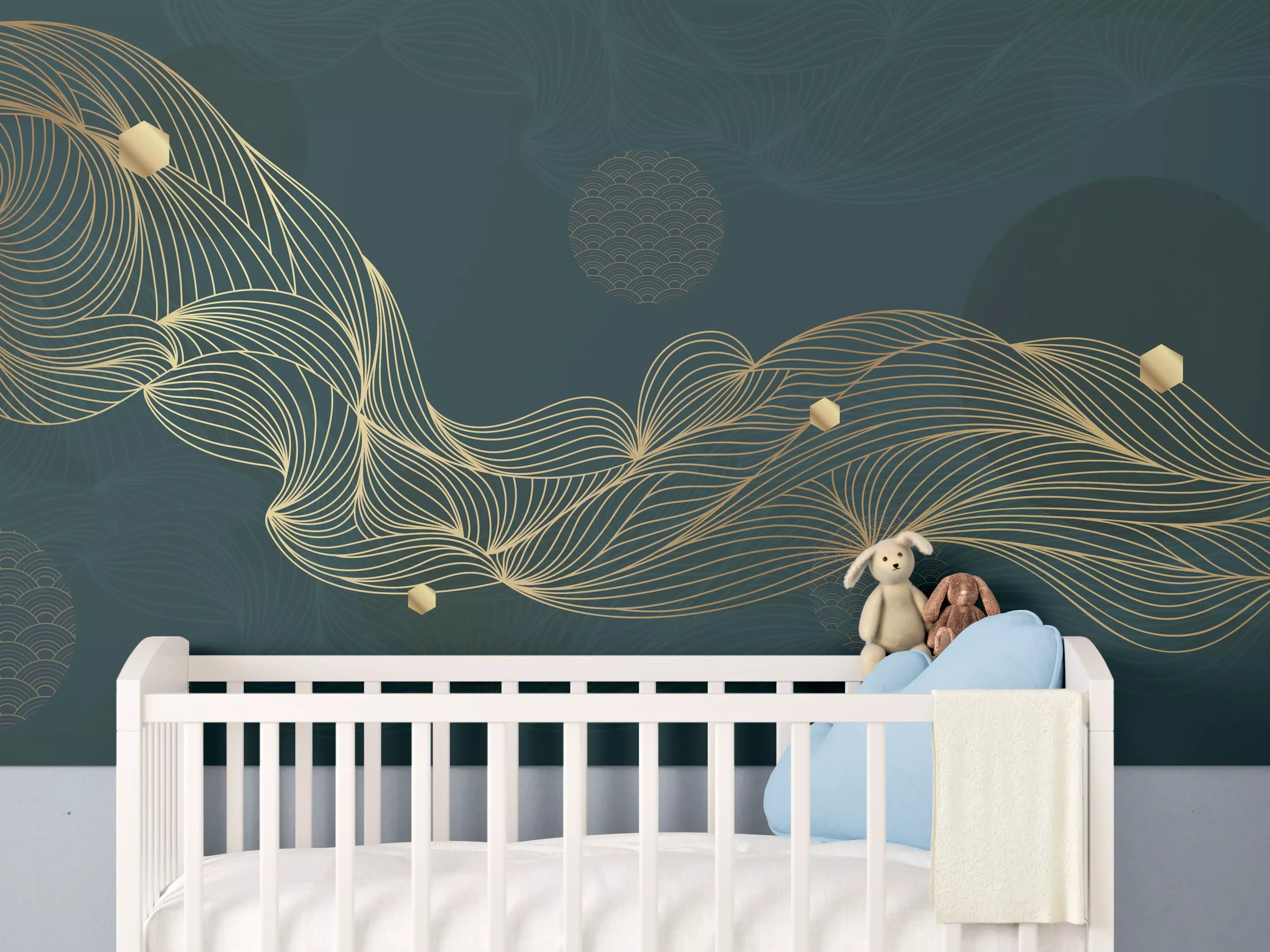 Babyzimmer Wandgestaltung - Goldene Wellenlinien auf Dunkelblau